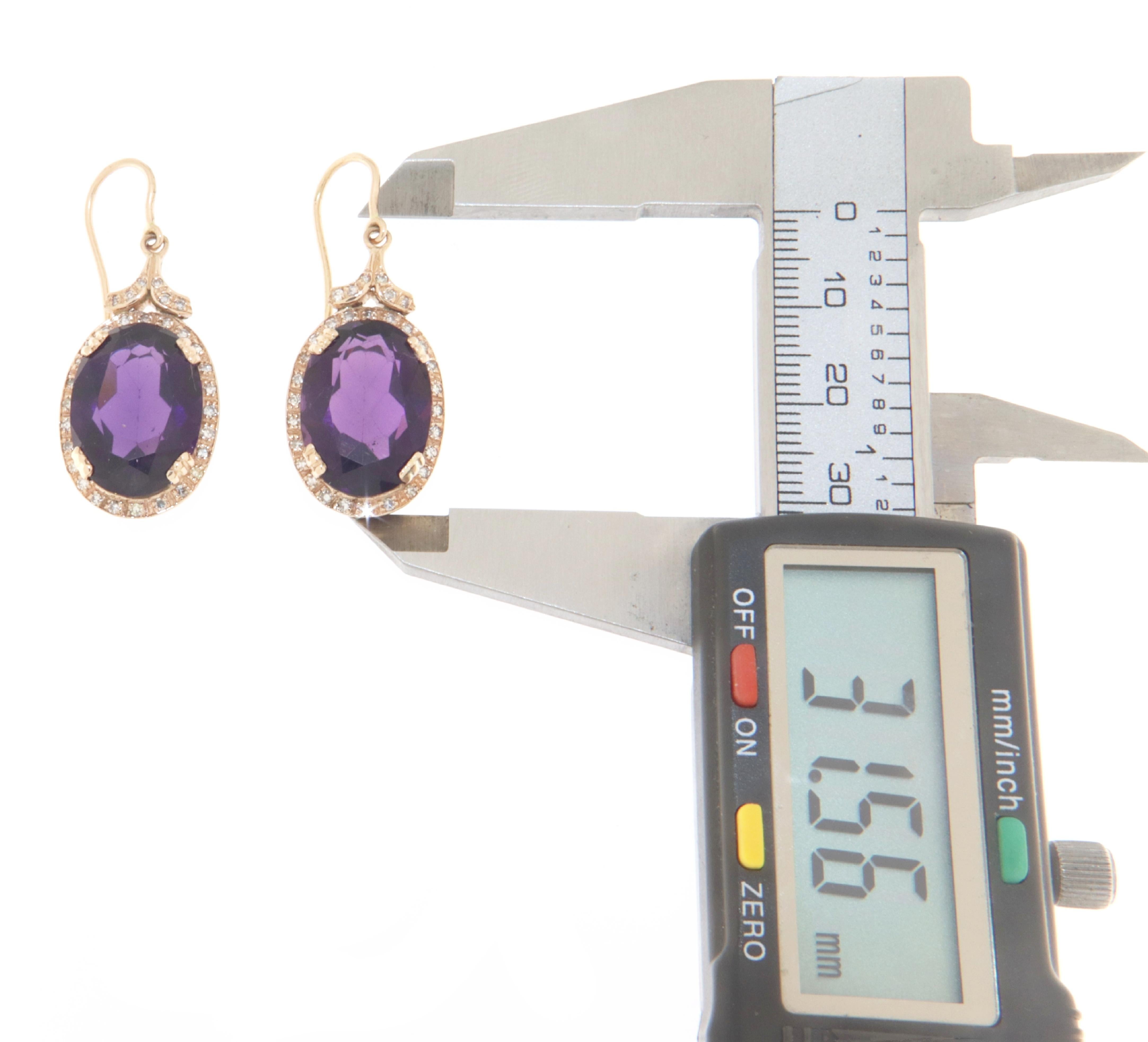 Amethyst Diamonds 14 Karat Yellow Gold Drop Earrings For Sale 3
