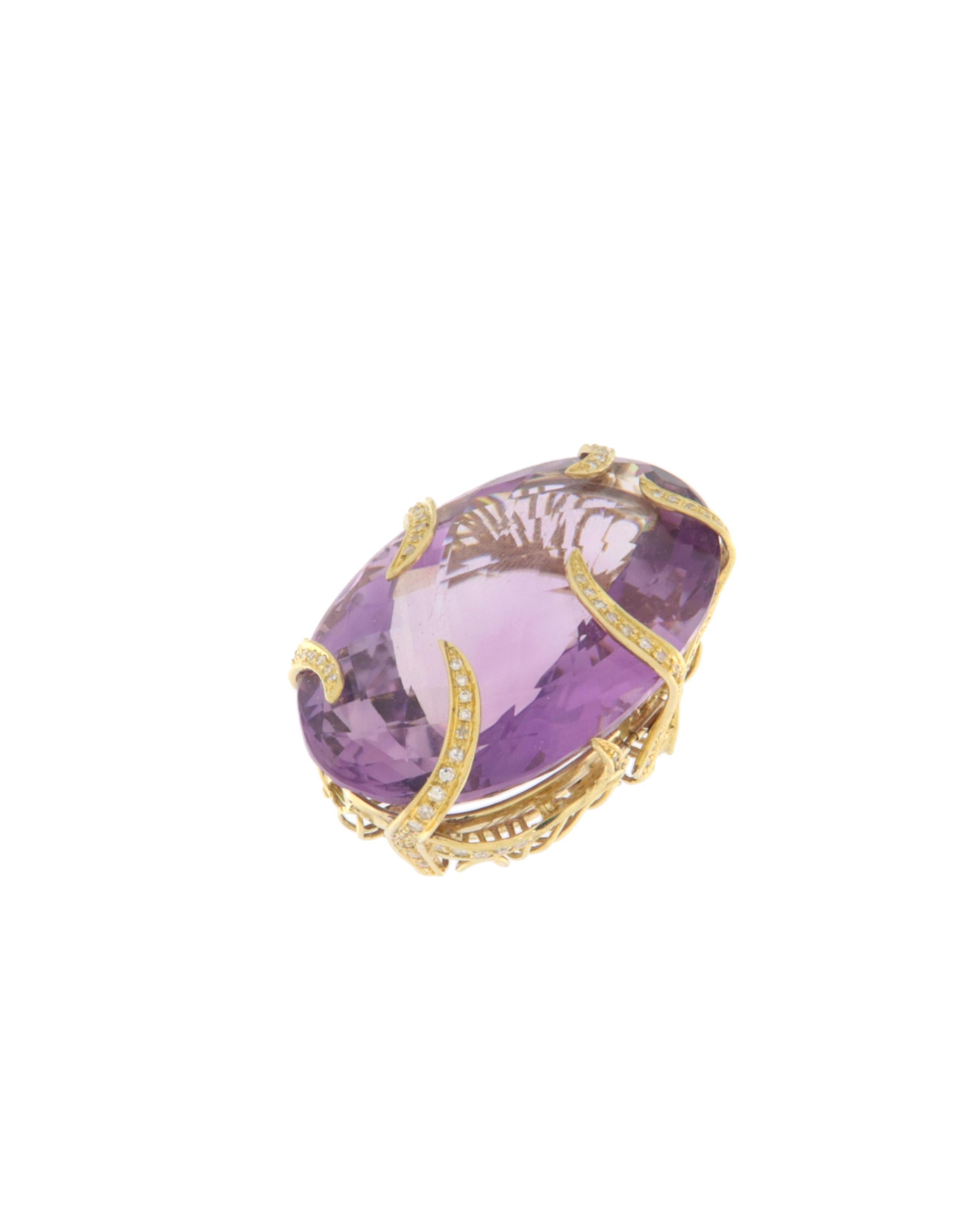 Artisan Amethyst Diamonds 18 Karat Yellow Gold Pendant Necklace For Sale