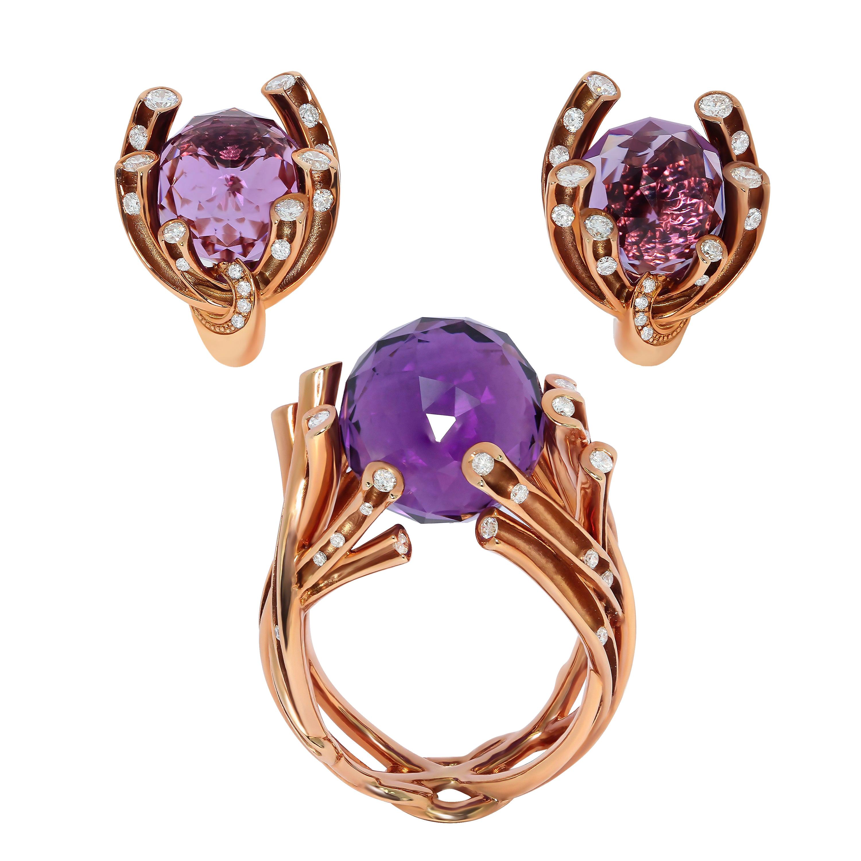 Suite aus 18 Karat Gelbgold mit Amethyst-Diamanten