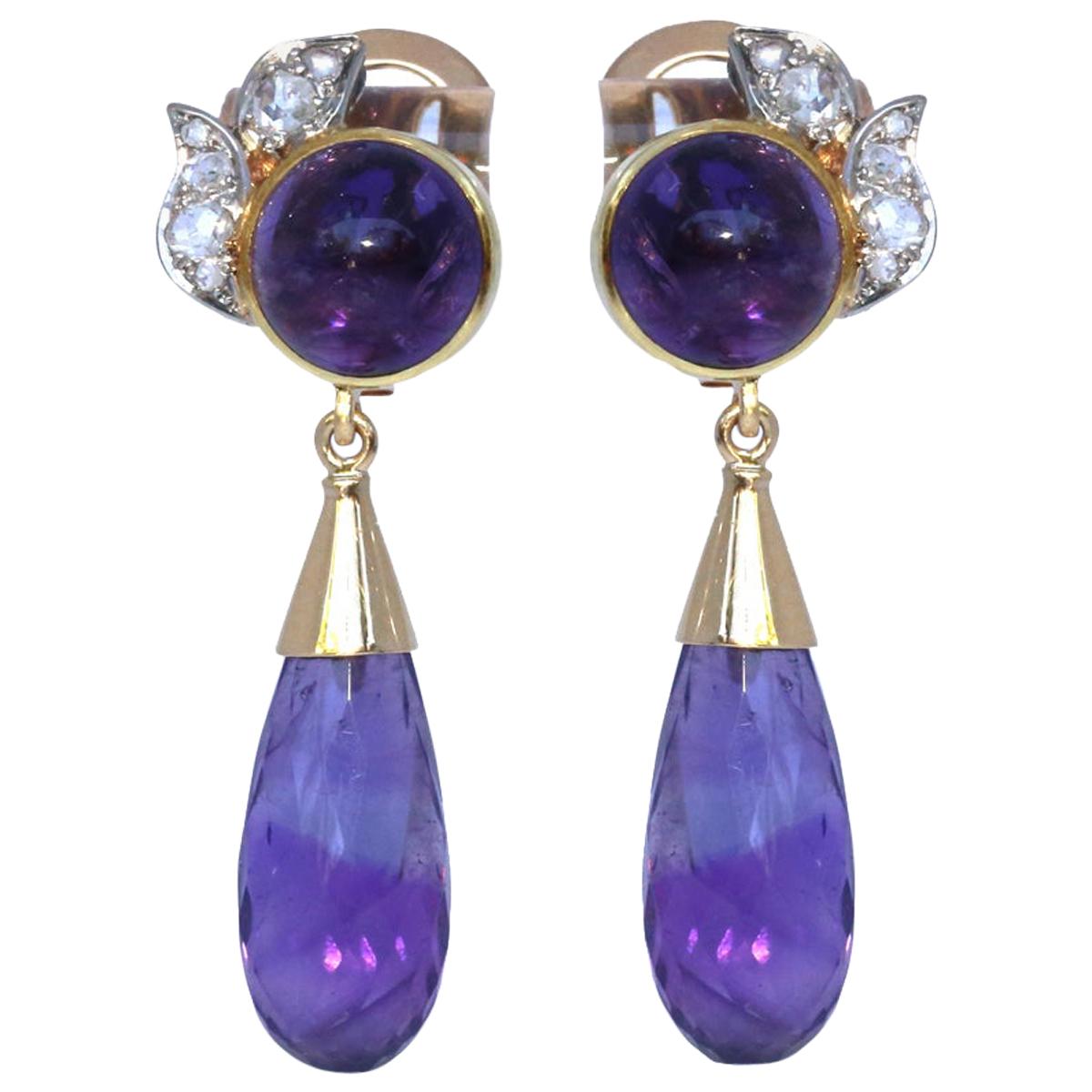 W.A. Bolin Earrings Amethyst Diamonds  18 Karat Gold  Original Box Sweden, 1920