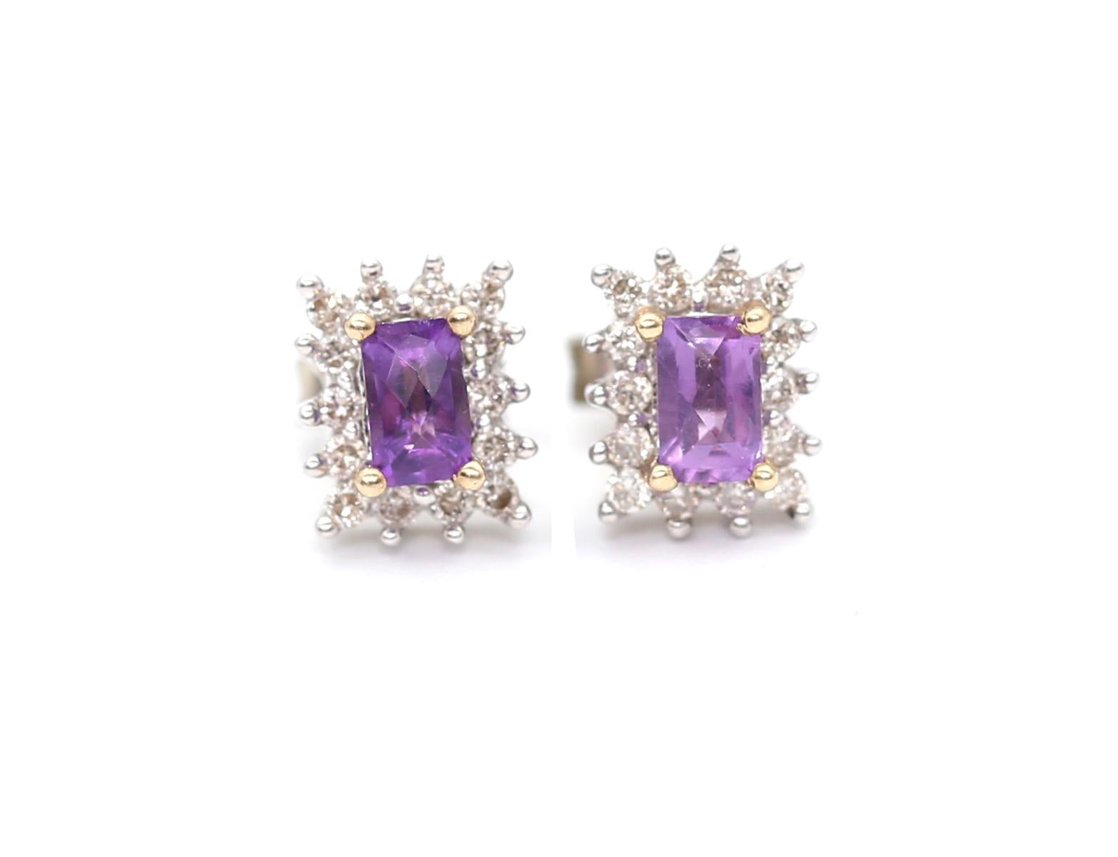 Amethyst Diamonds Earrings were created around 1980. 
Vintage item, can you imagine? The 1980s is already a vintage period. Fine and bright Amethysts, emerald-cut, surrounded by a line of fine round-cut Diamonds.  

Estimated total Diamond weight: 