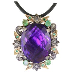 Amethyst Diamonds Emeralds Rose Gold and Silver Pendant