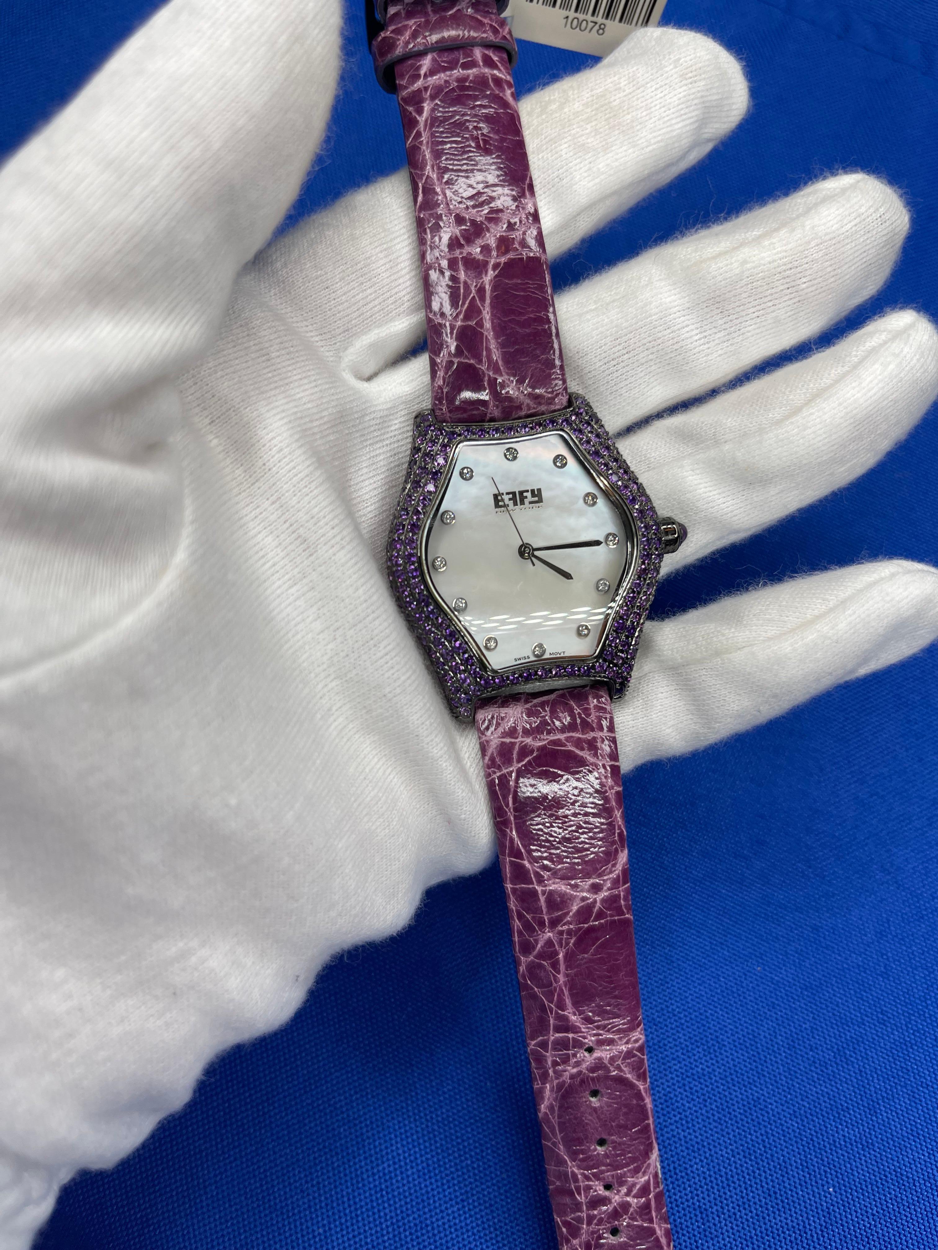 Mixed Cut Amethyst & Diamonds Pave Dial Luxury Swiss Quartz Exotic Leather Watch For Sale