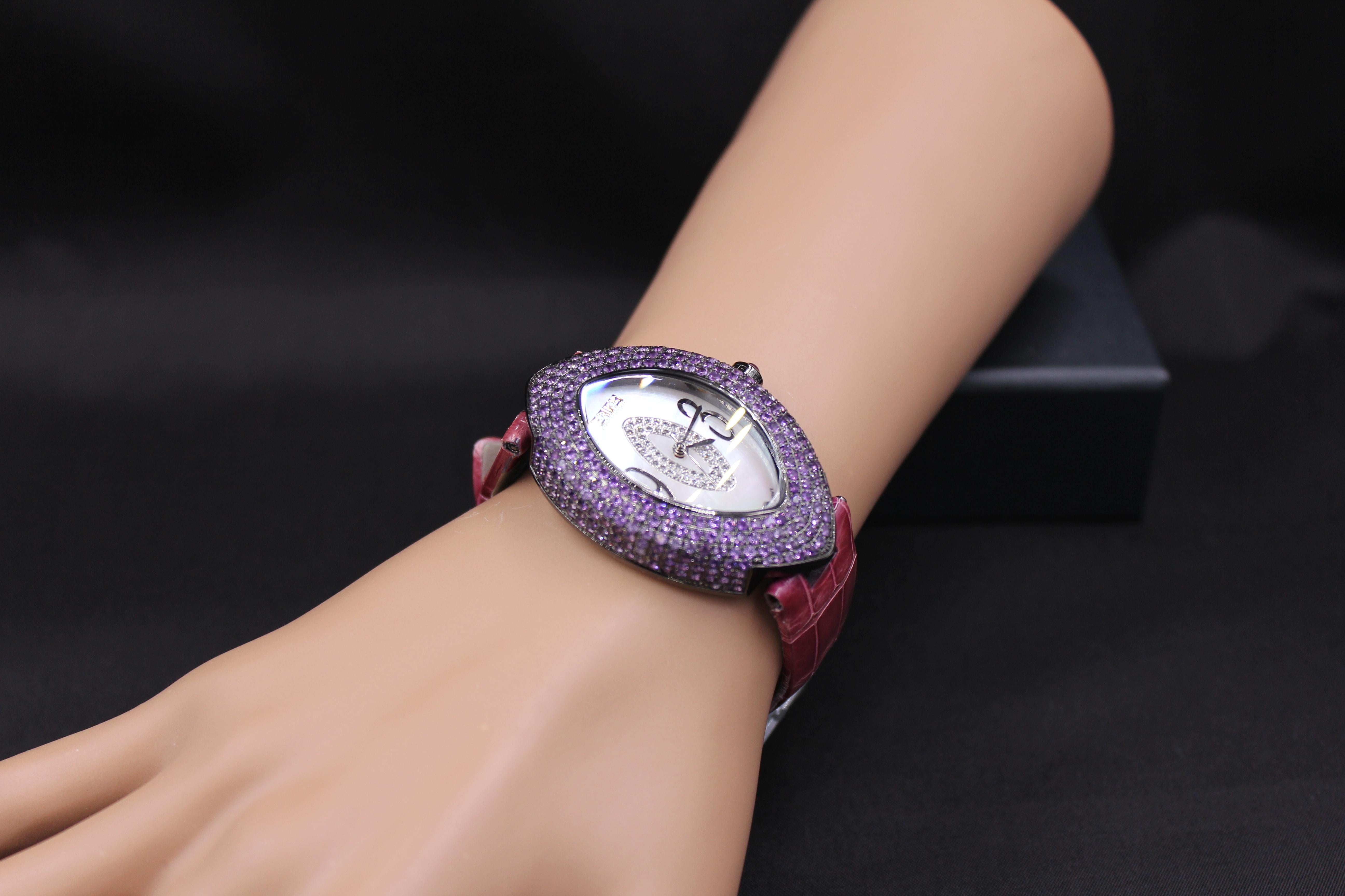 Modern Amethyst & Diamonds Pave Dial Luxury Swiss Quartz Exotic Leather Watch For Sale