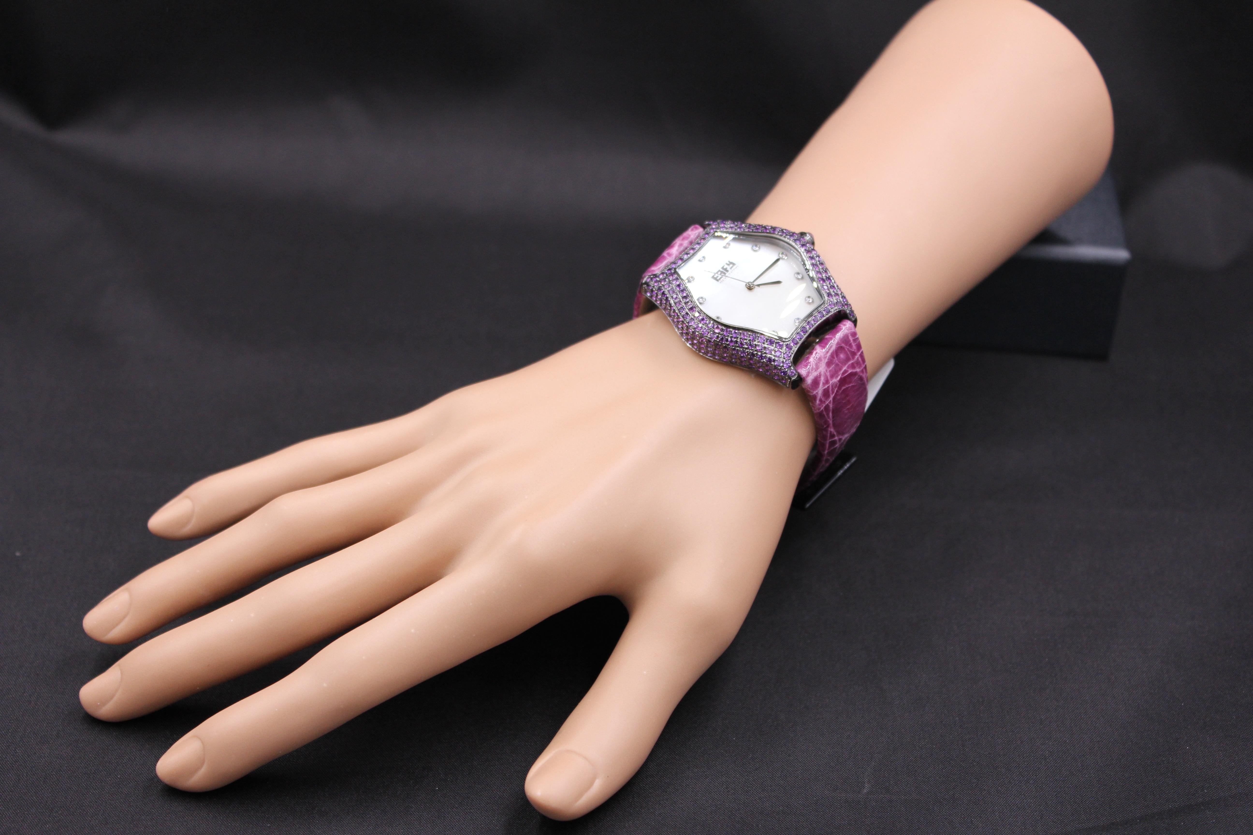 Women's Amethyst & Diamonds Pave Dial Luxury Swiss Quartz Exotic Leather Watch For Sale
