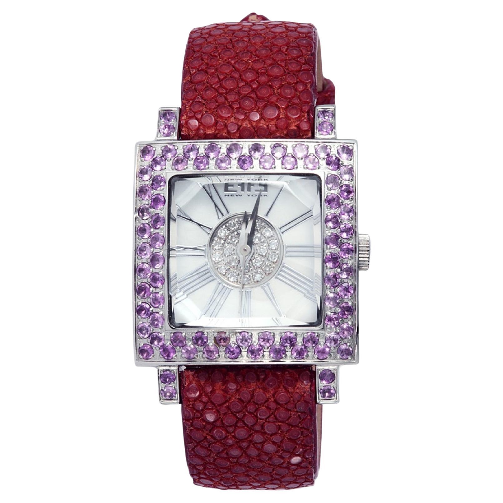 Montre de luxe en cuir exotique à quartz suisse avec cadran pavé d'améthystes et de diamants