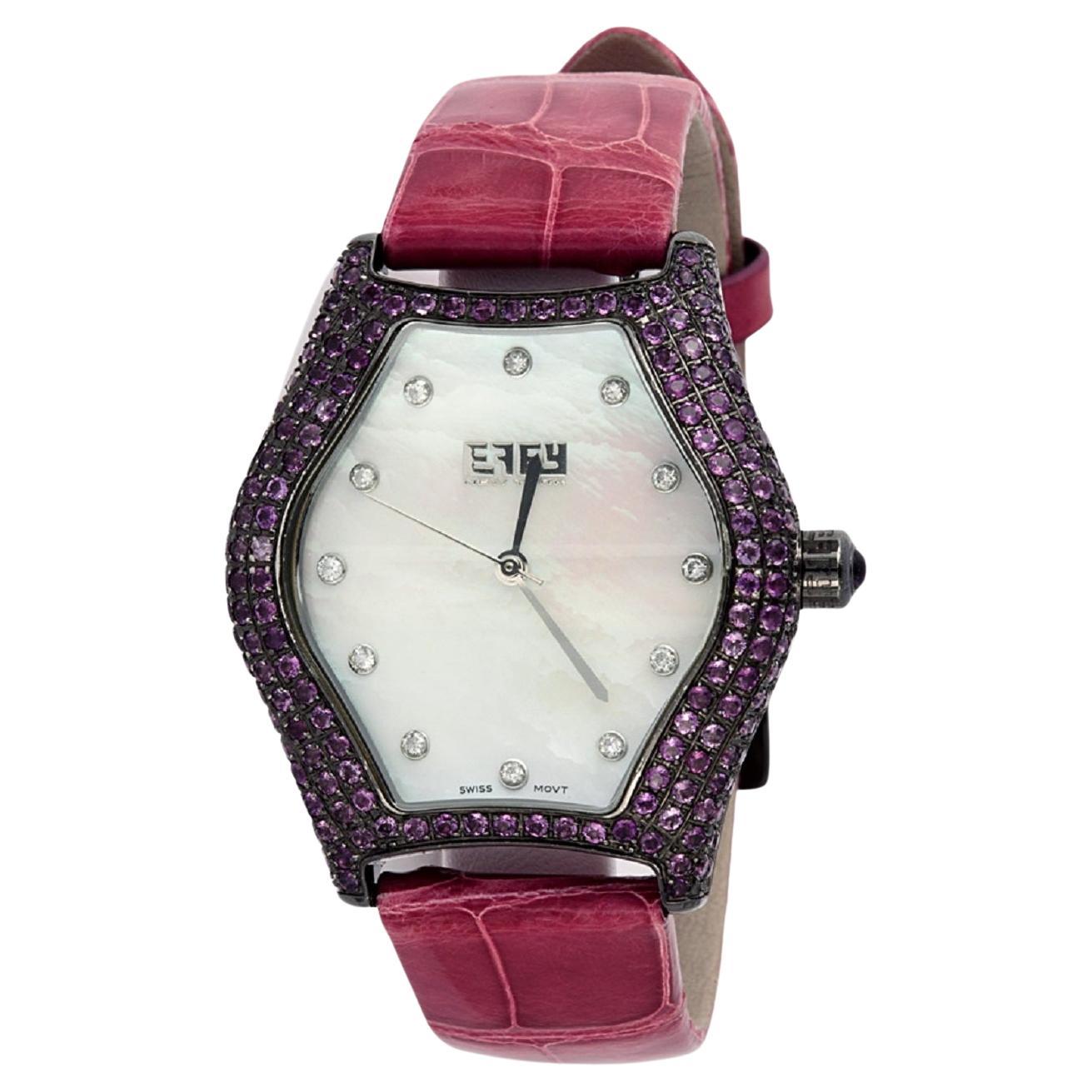 Montre de luxe en cuir exotique à quartz suisse avec cadran pavé d'améthystes et de diamants en vente