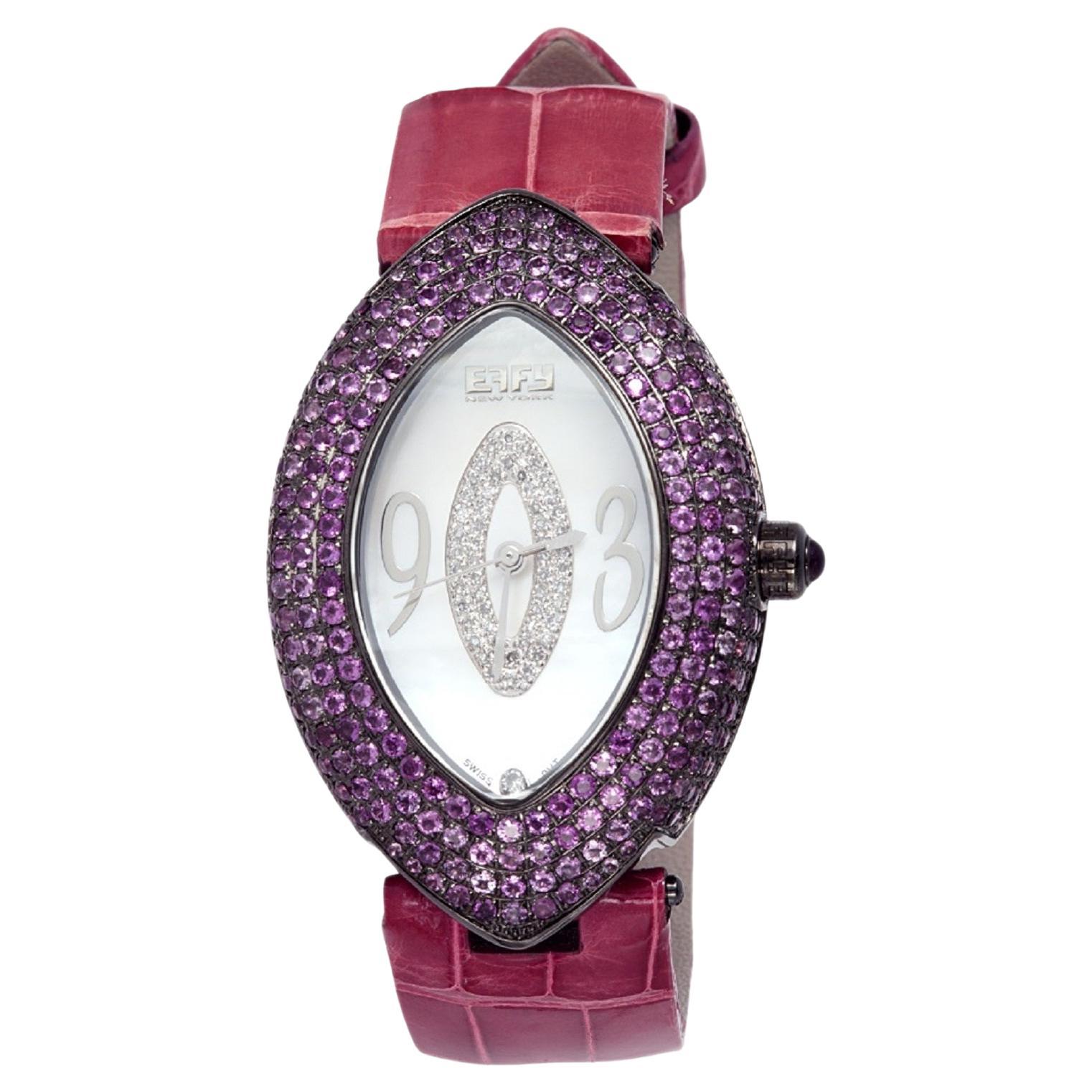 Amethyst & Diamonds Pave Dial Luxury Swiss Quartz Exotic Leather Watch For Sale