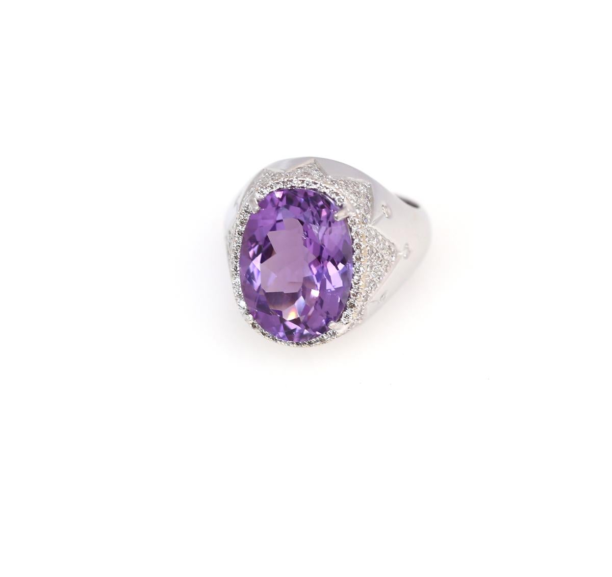 Amethyst and Diamonds Modern Frozen Ring White Gold 18 Karat. 
Absolutely unique purplish color of the Amethyst, clear and fine cut. White Gold and Diamonds underline the beauty of the main stone, shining as if frozen on the finger. 
Being of a