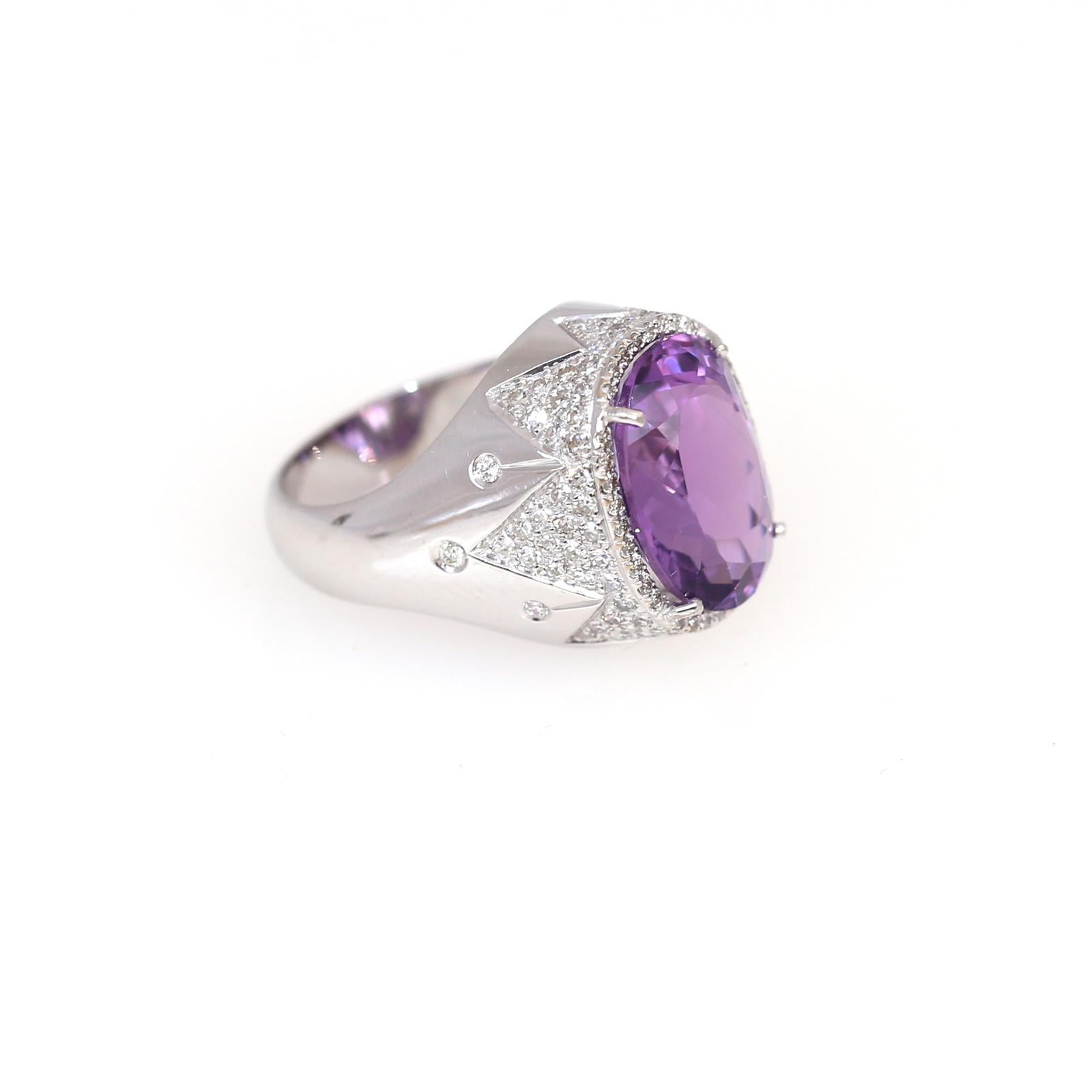 Oval Cut Amethyst Diamonds Ring White Gold Modern Frozen Snowflake, 2021 For Sale