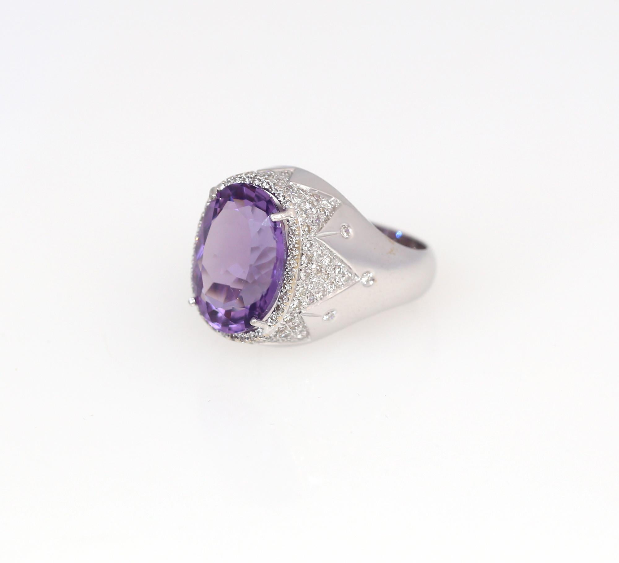 Women's Amethyst Diamonds Ring White Gold Modern Frozen Snowflake, 2021 For Sale