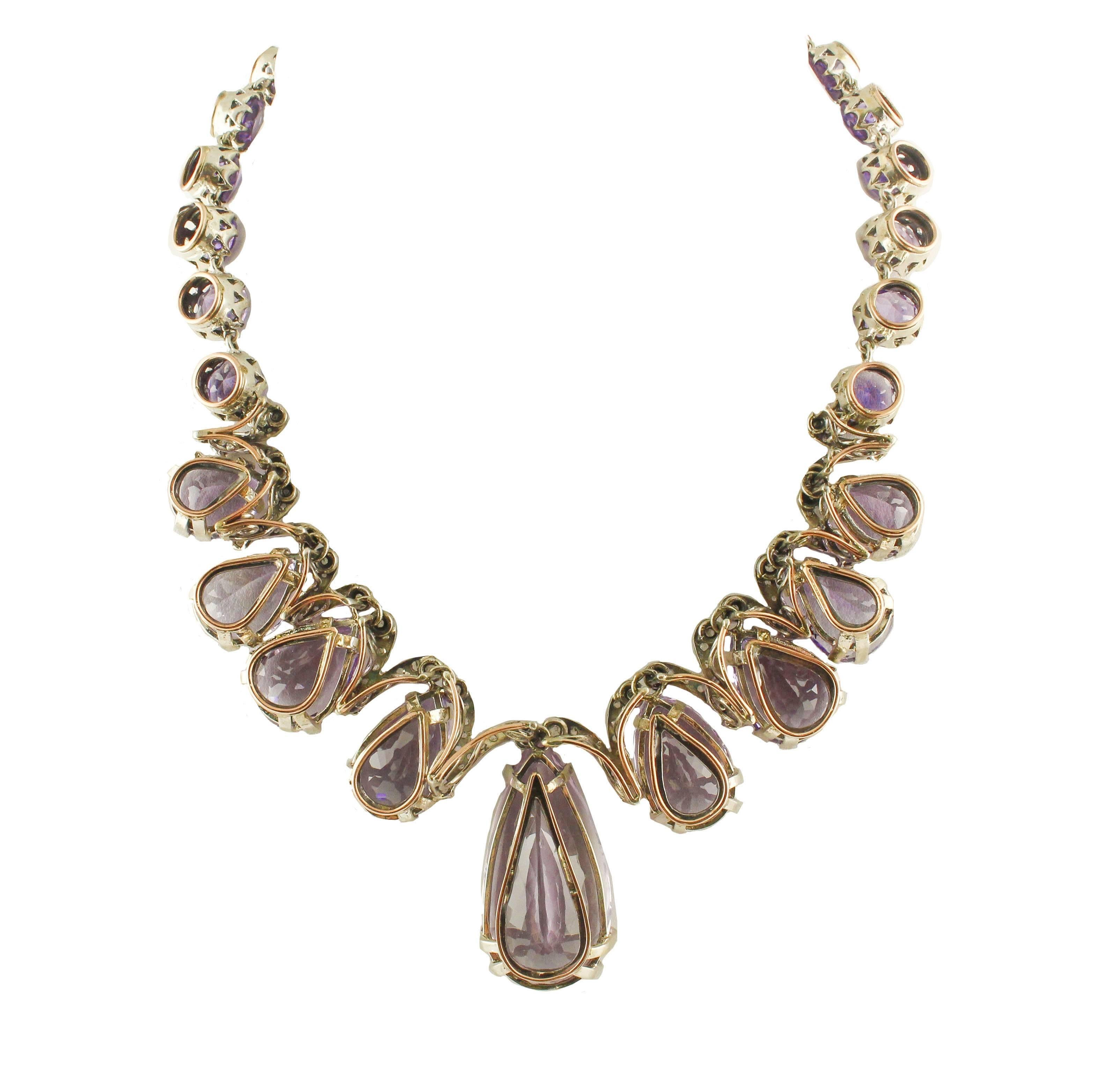Retro  Amethyst  Diamonds Rose Gold and Silver Drop Necklace For Sale