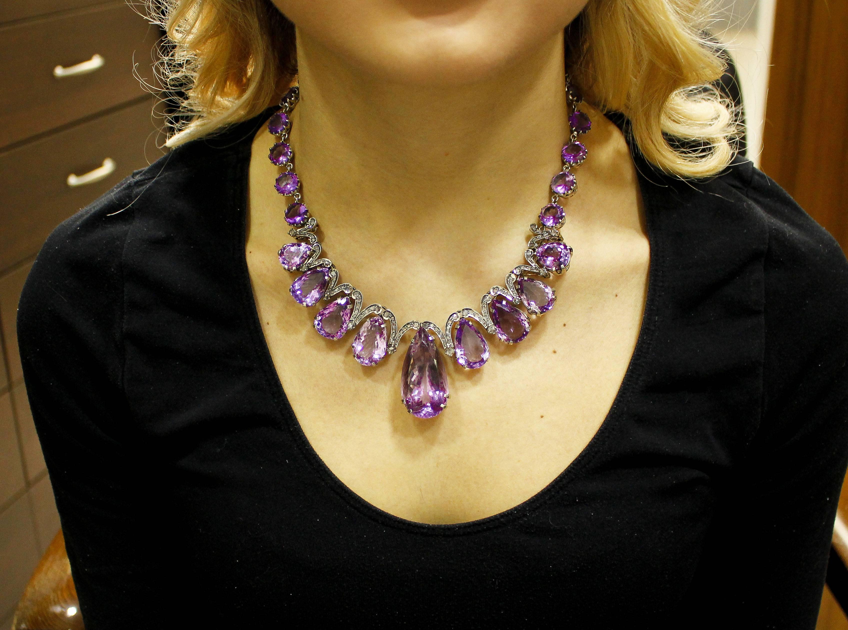  Amethyst  Diamonds Rose Gold and Silver Drop Necklace In Good Condition For Sale In Marcianise, Marcianise (CE)