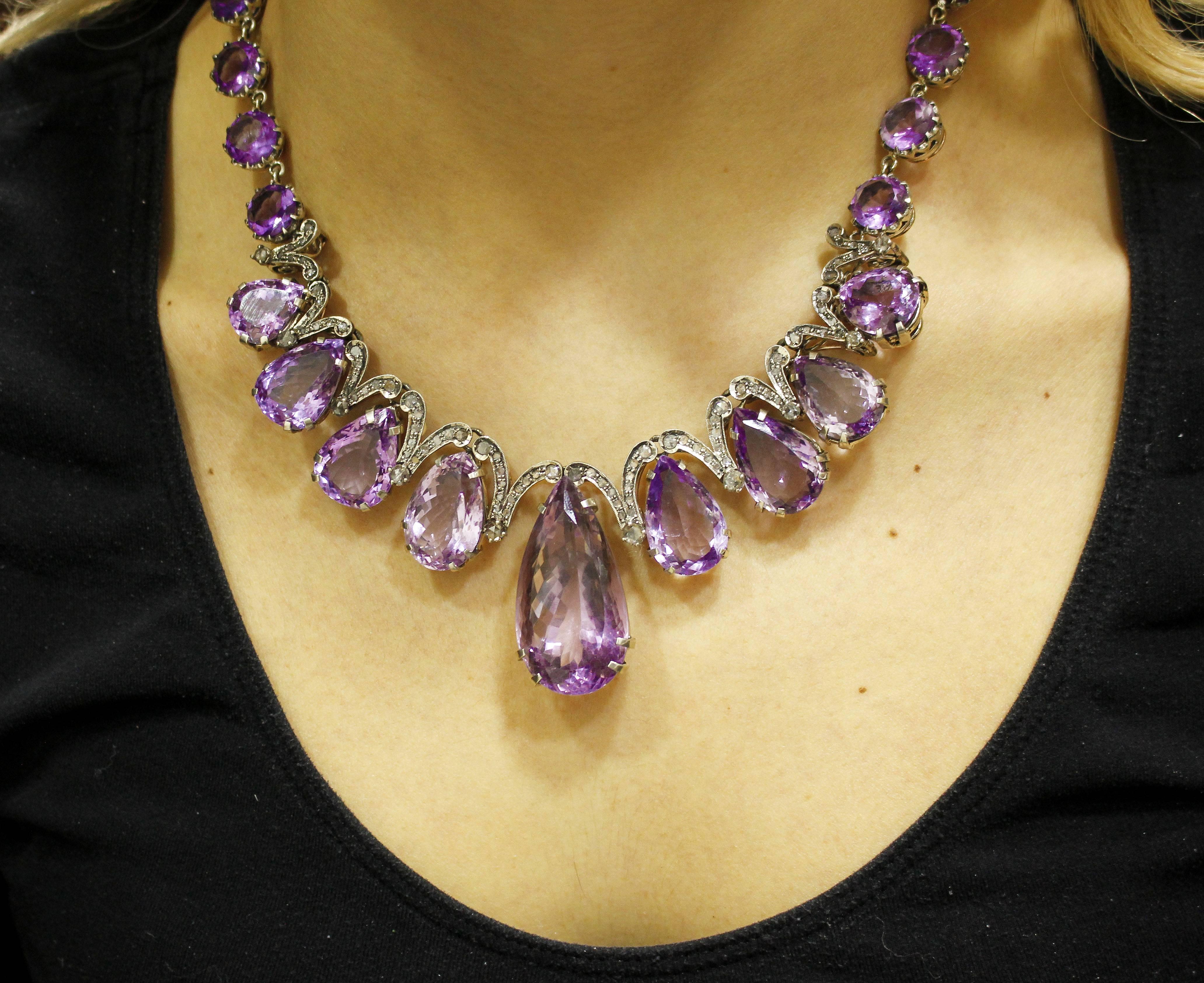 Women's  Amethyst  Diamonds Rose Gold and Silver Drop Necklace For Sale