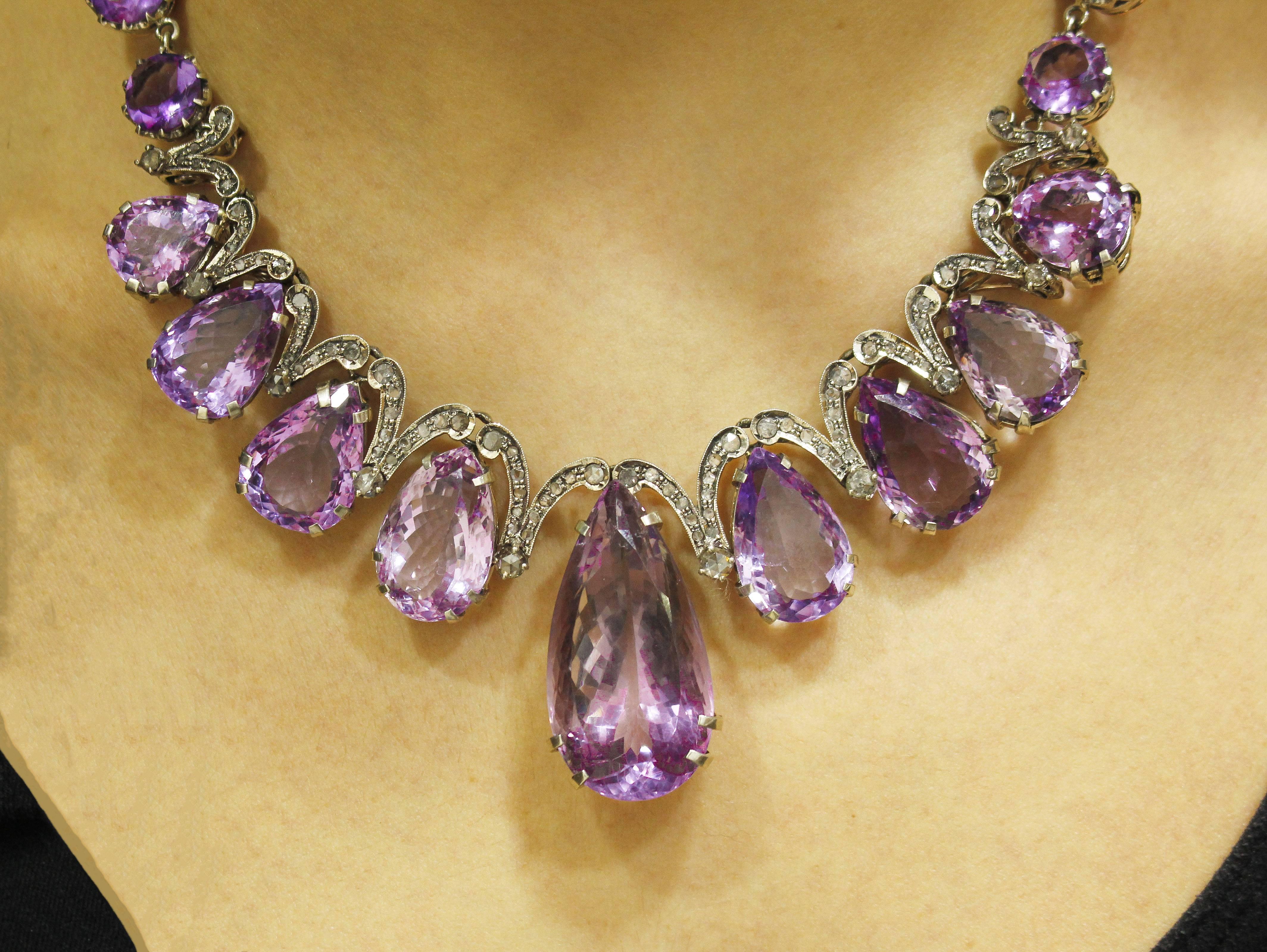  Amethyst  Diamonds Rose Gold and Silver Drop Necklace For Sale 1