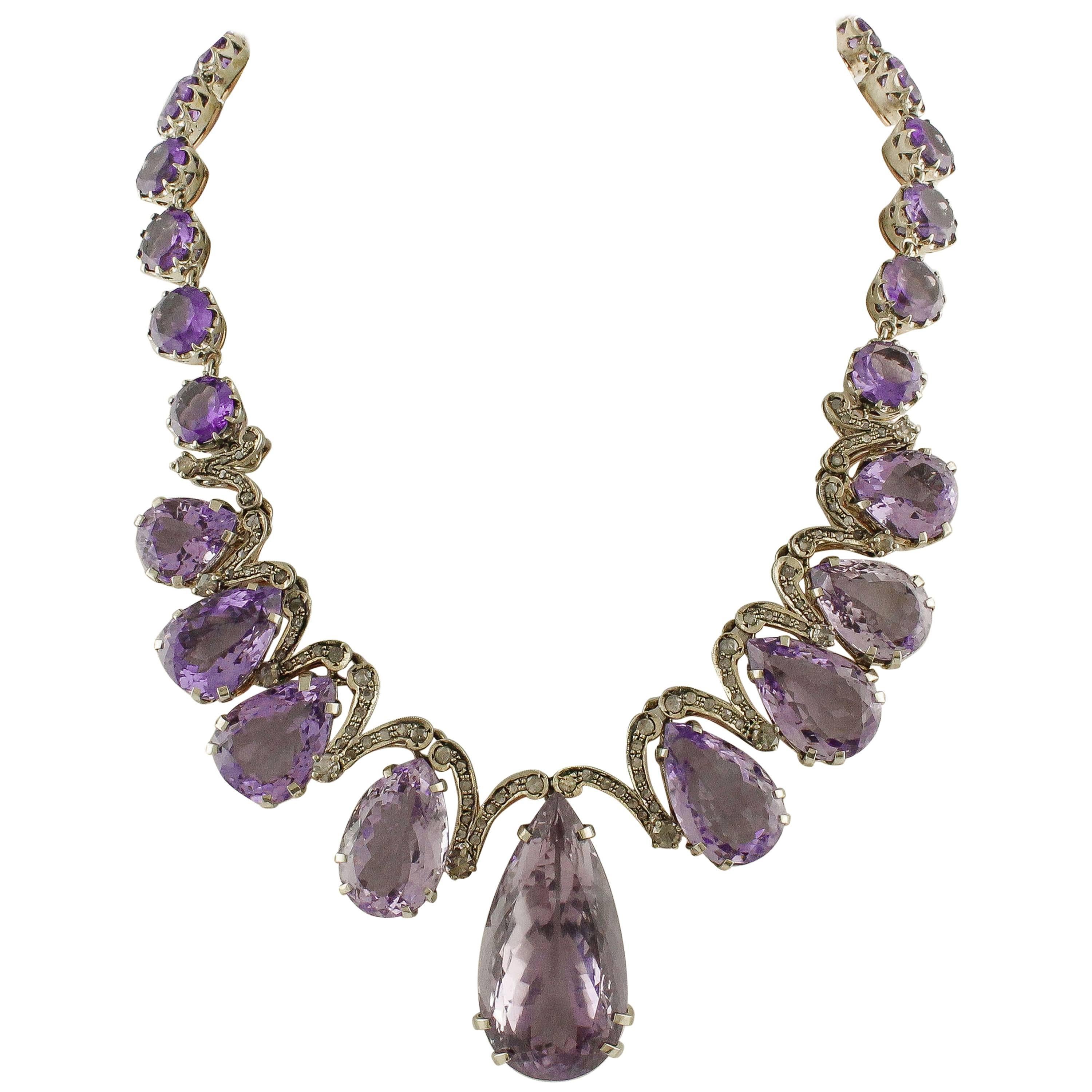  Amethyst  Diamonds Rose Gold and Silver Drop Necklace