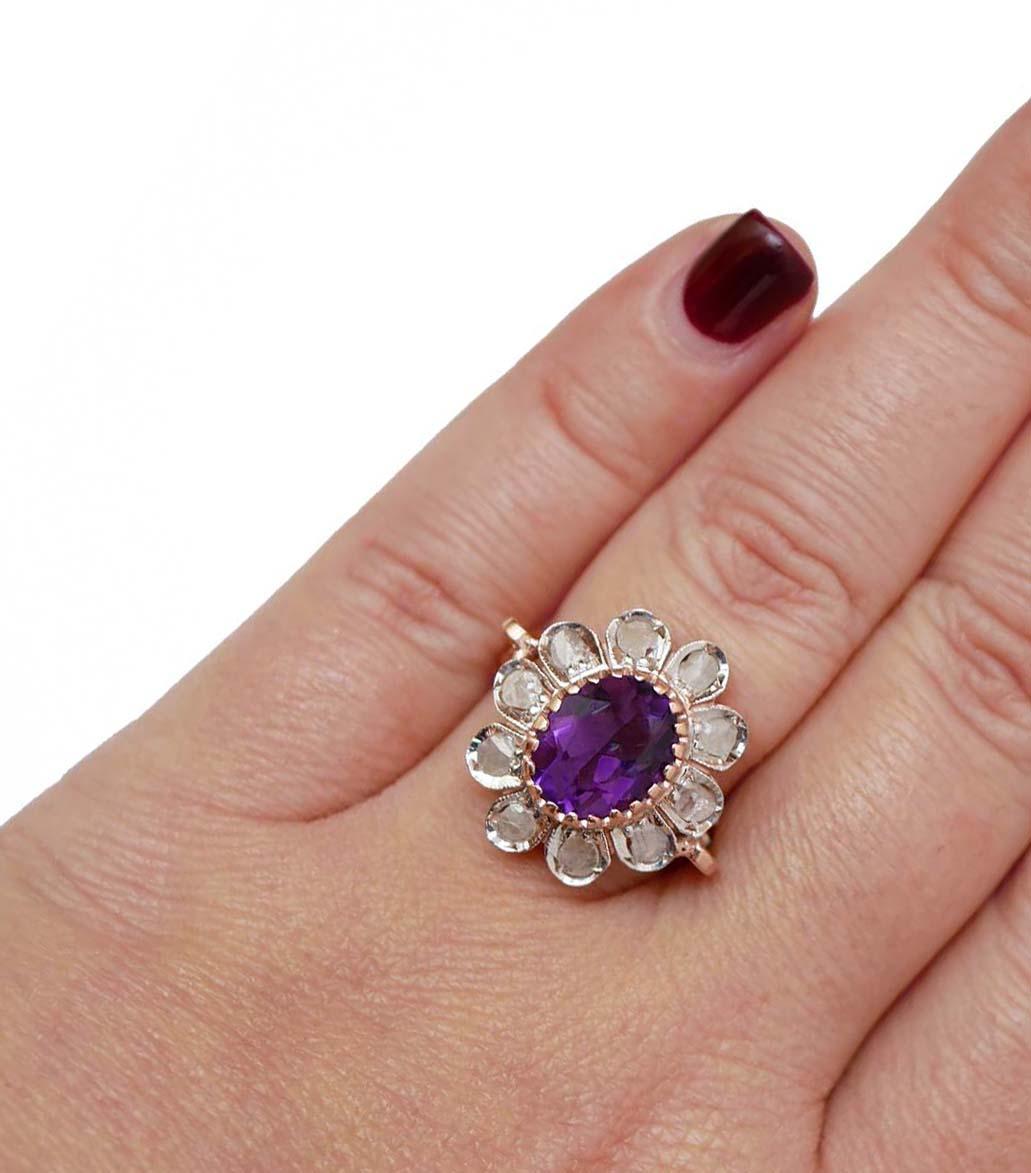 Anello floreale in ametista, diamanti, oro rosa e argento. In condizioni buone in vendita a Marcianise, Marcianise (CE)