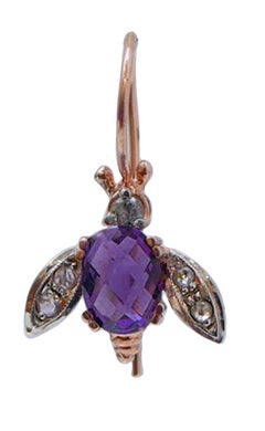 Amethyst, Diamonds, Rose Gold and Silver Fly Earrings.