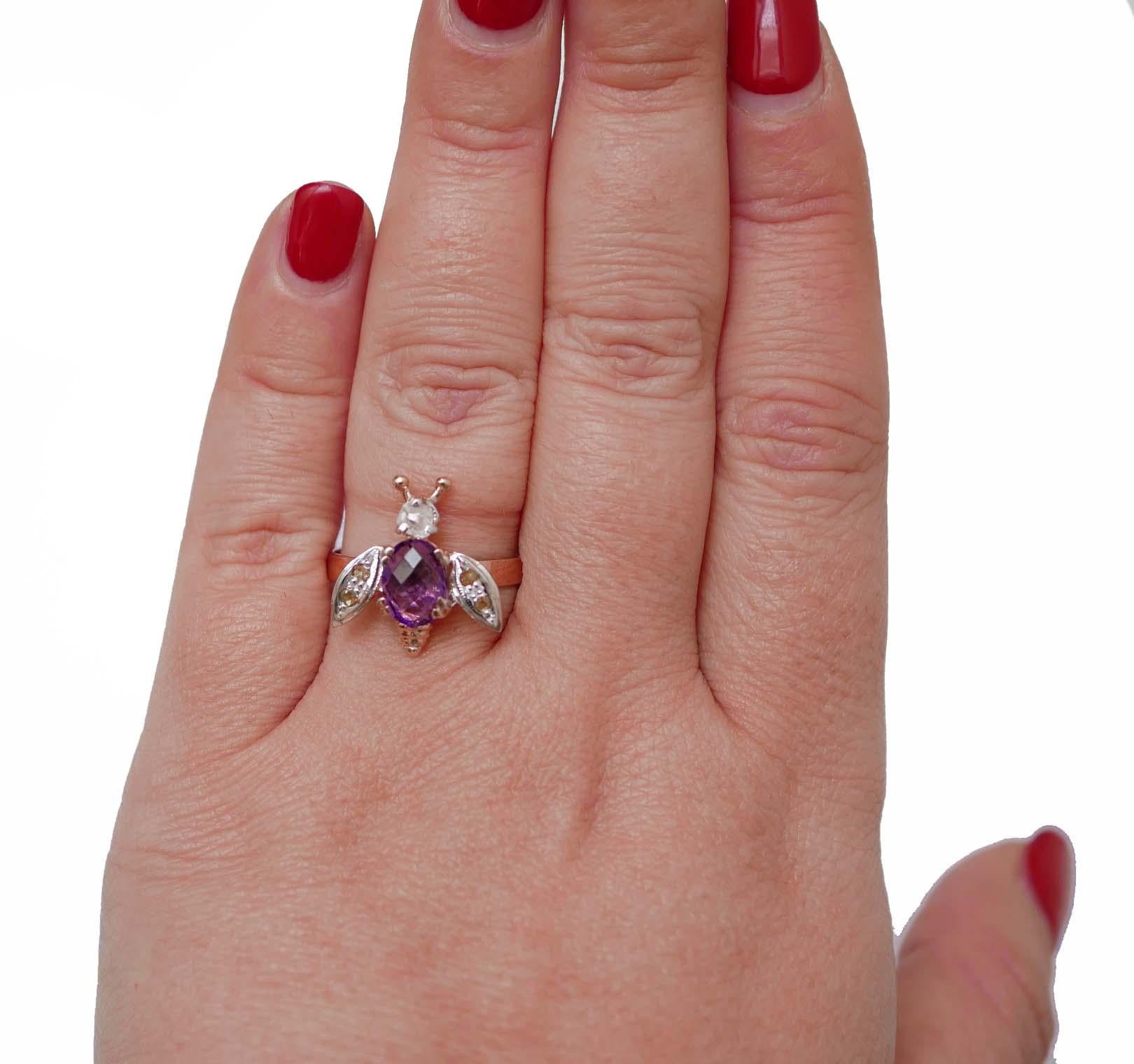 Mixed Cut Amethyst, Diamonds, Rose Gold and Silver Fly Ring. For Sale