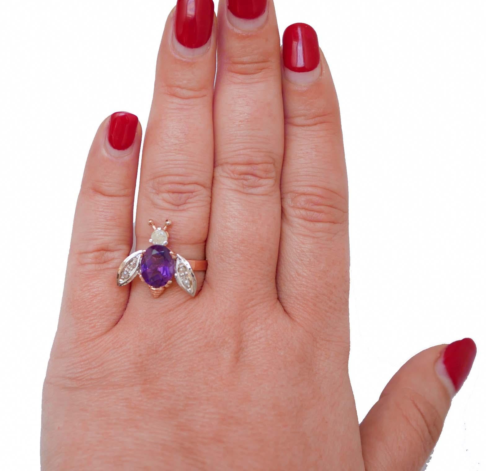 Mixed Cut Amethyst, Diamonds, Rose Gold and Silver Fly Ring. For Sale