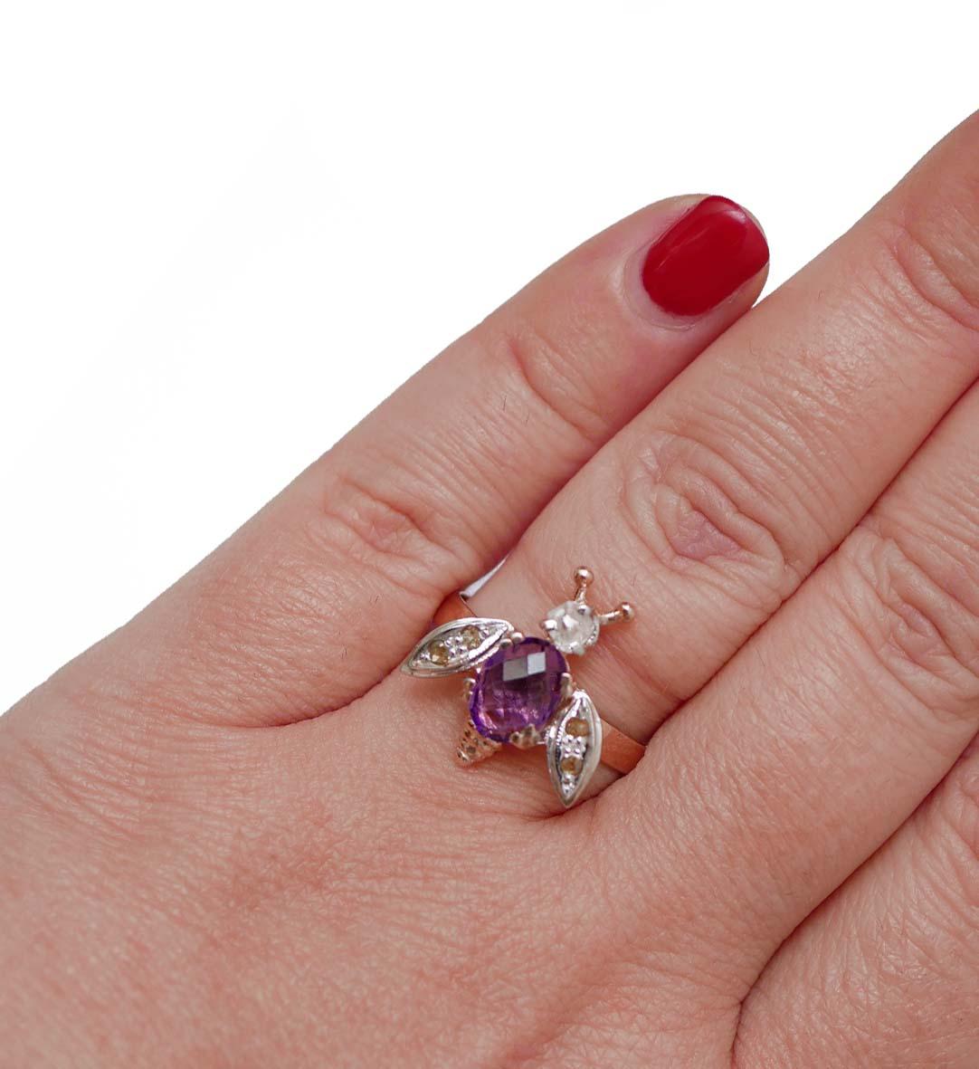 Amethyst, Diamonds, Rose Gold and Silver Fly Ring. In Good Condition For Sale In Marcianise, Marcianise (CE)
