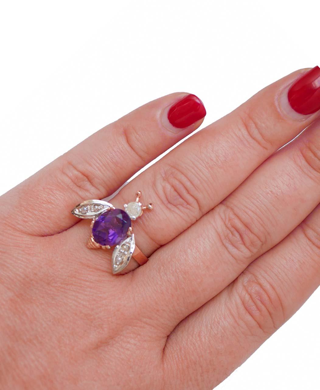 Amethyst, Diamonds, Rose Gold and Silver Fly Ring. In Good Condition For Sale In Marcianise, Marcianise (CE)
