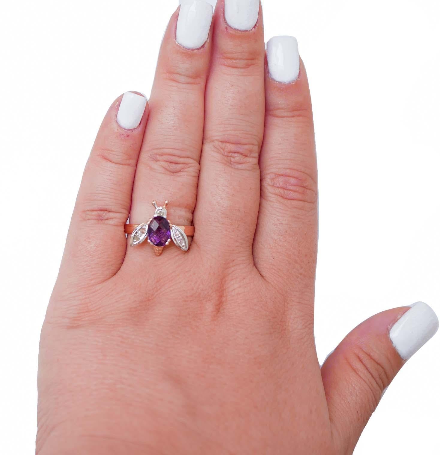 Mixed Cut Amethyst, Diamonds, Rose Gold and Silver Fly Shape Ring.
