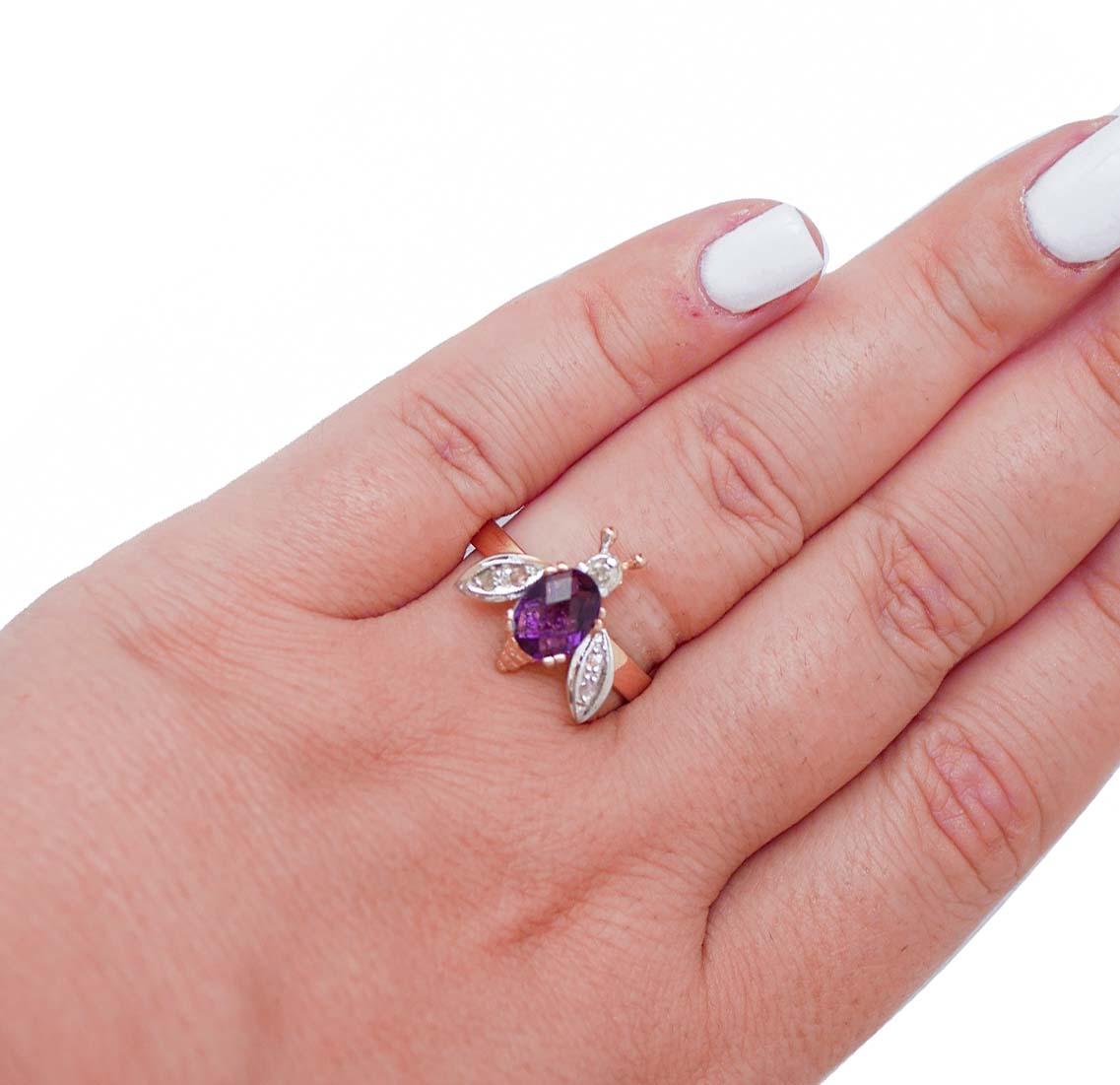 Amethyst, Diamonds, Rose Gold and Silver Fly Shape Ring. In Good Condition In Marcianise, Marcianise (CE)