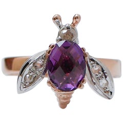 Amethyst, Diamonds, Rose Gold and Silver Fly Shape Ring.