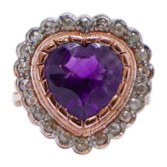Amethyst, Diamonds, Rose Gold and Silver Heart Shape Ring.
