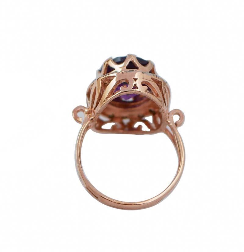 Retro Amethyst, Diamonds, Rose Gold and Silver Ring. For Sale