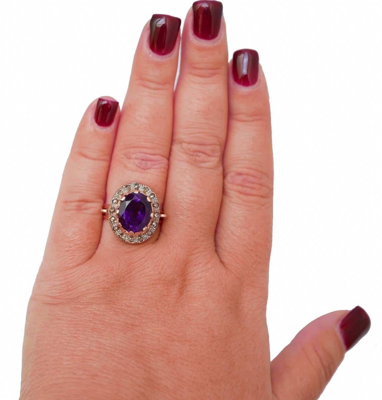 Mixed Cut Amethyst, Diamonds, Rose Gold and Silver Ring. For Sale