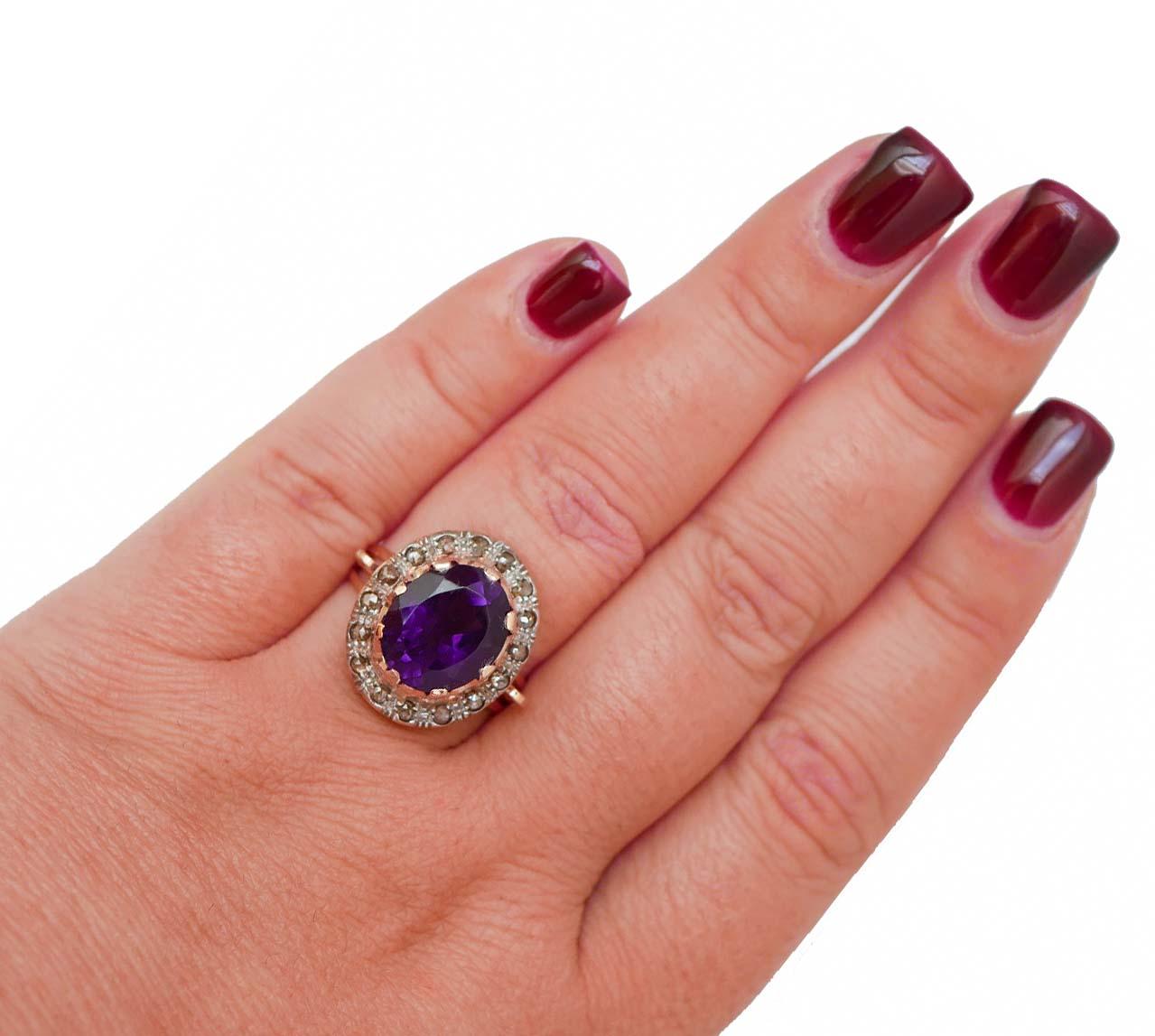 Amethyst, Diamonds, Rose Gold and Silver Ring. In Good Condition For Sale In Marcianise, Marcianise (CE)