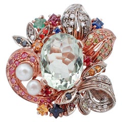 Amethyst, Diamonds Rubies Emeralds Sapphires Pearls 9 Karat Gold and Silver Ring