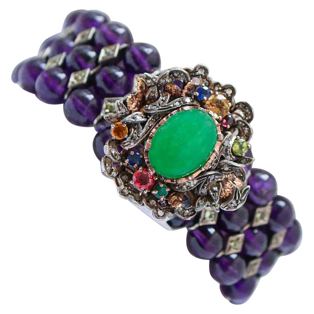Ametista, Diamanti, Zaffiri, Granati, Iolite, Bracciale in oro rosa e argento.