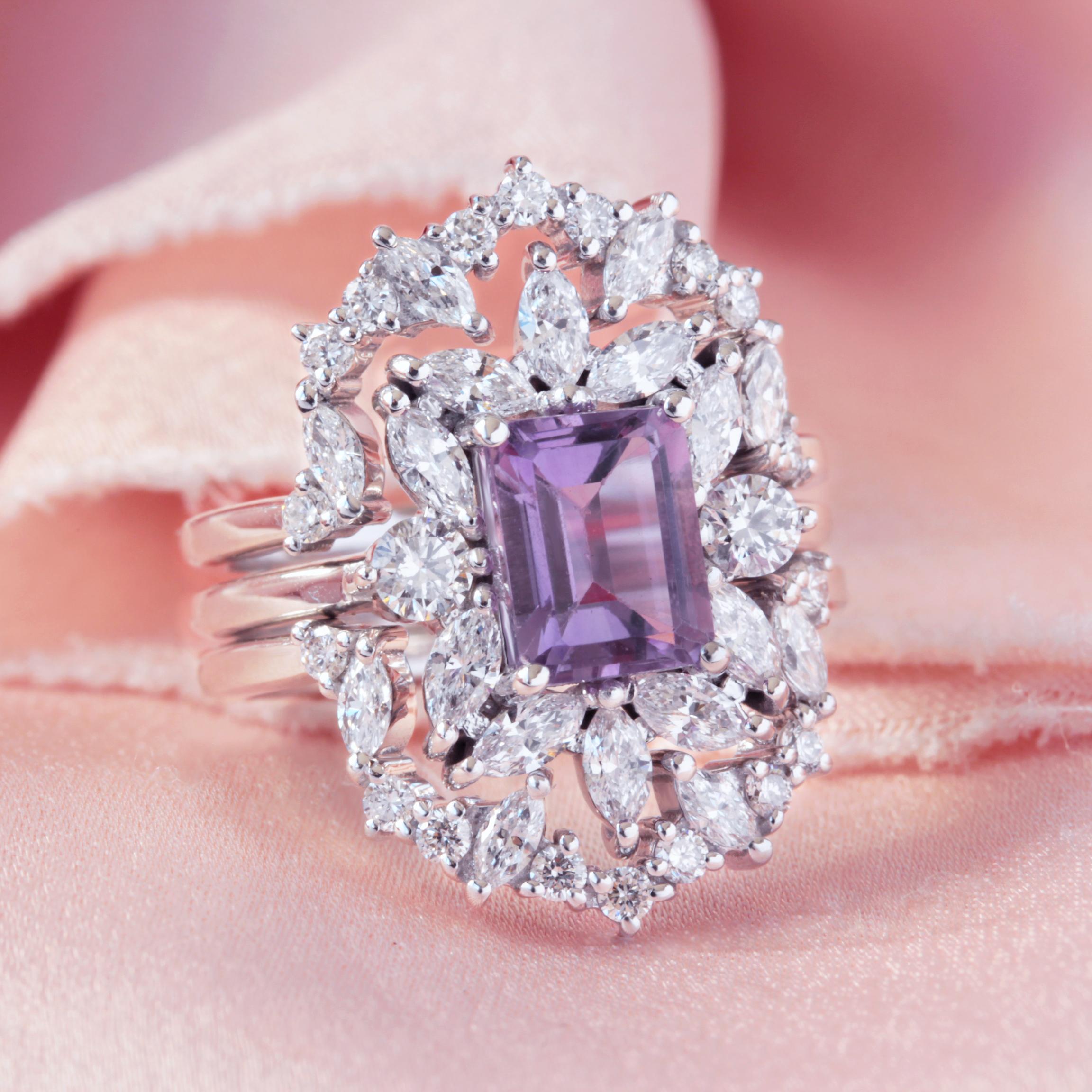 Emerald Cut Amethyst & Diamonds Unique Engagement ring Set with Ring Guard - Charlotte For Sale