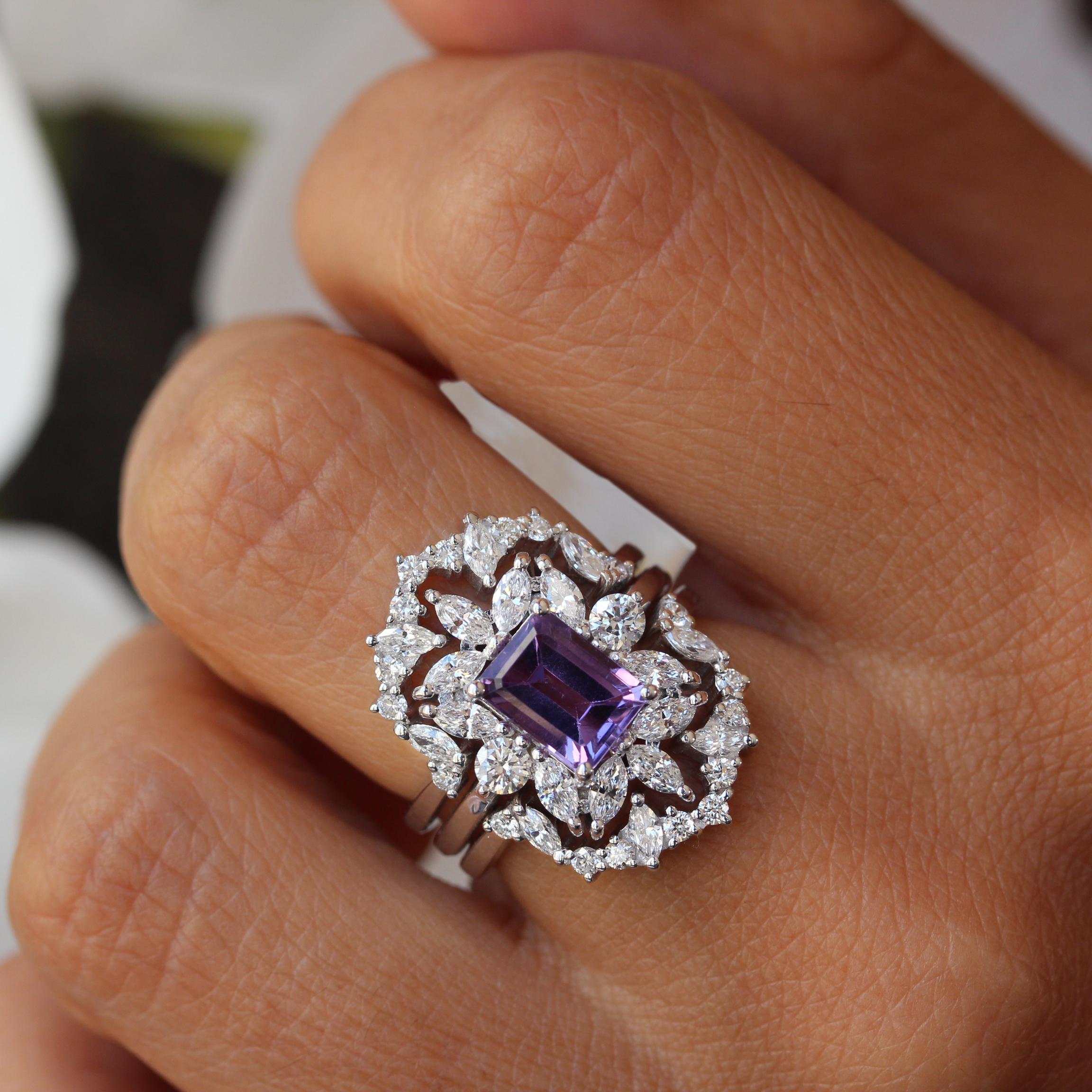 Women's Amethyst & Diamonds Unique Engagement ring Set with Ring Guard - Charlotte For Sale
