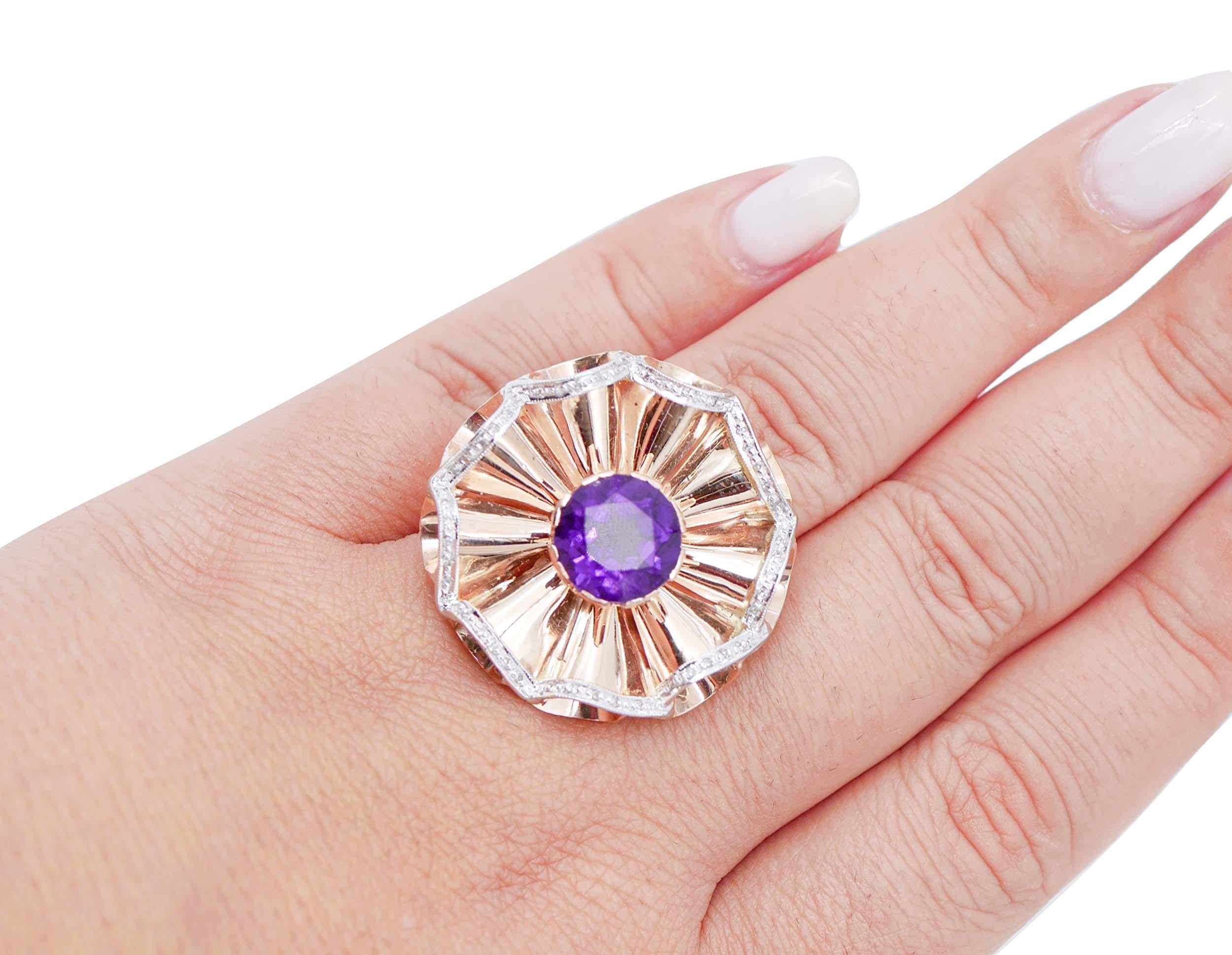 Mixed Cut Amethyst, Diamonds, 14 Karat Rose and White Gold Ring For Sale
