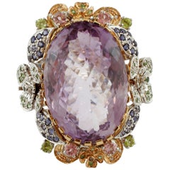 Retro Amethyst, Diamonds, Tourmalines, Tsavorites, Iolite, 14 Kt Gold Ring