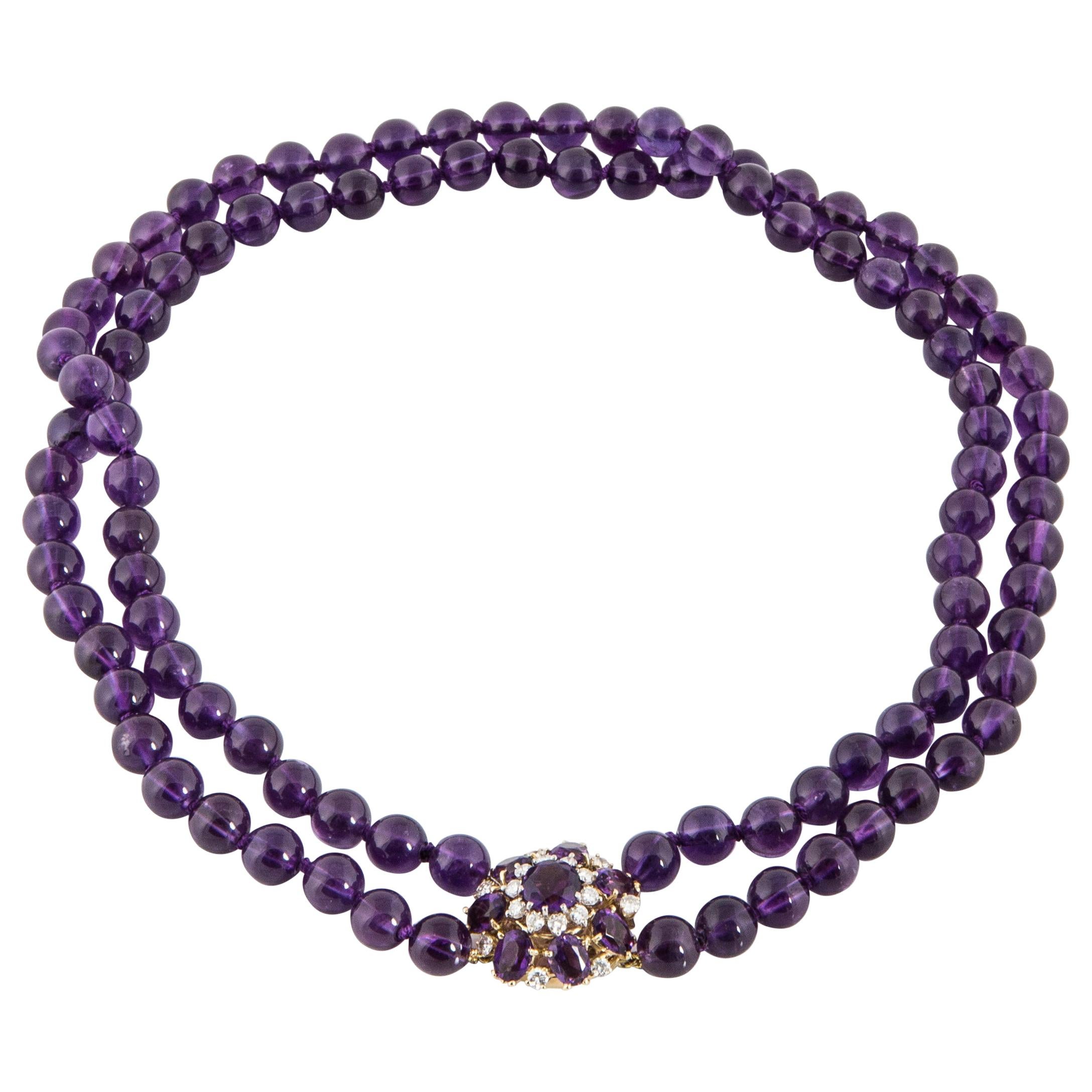 Amethyst Bead Necklace with Diamond Clasp