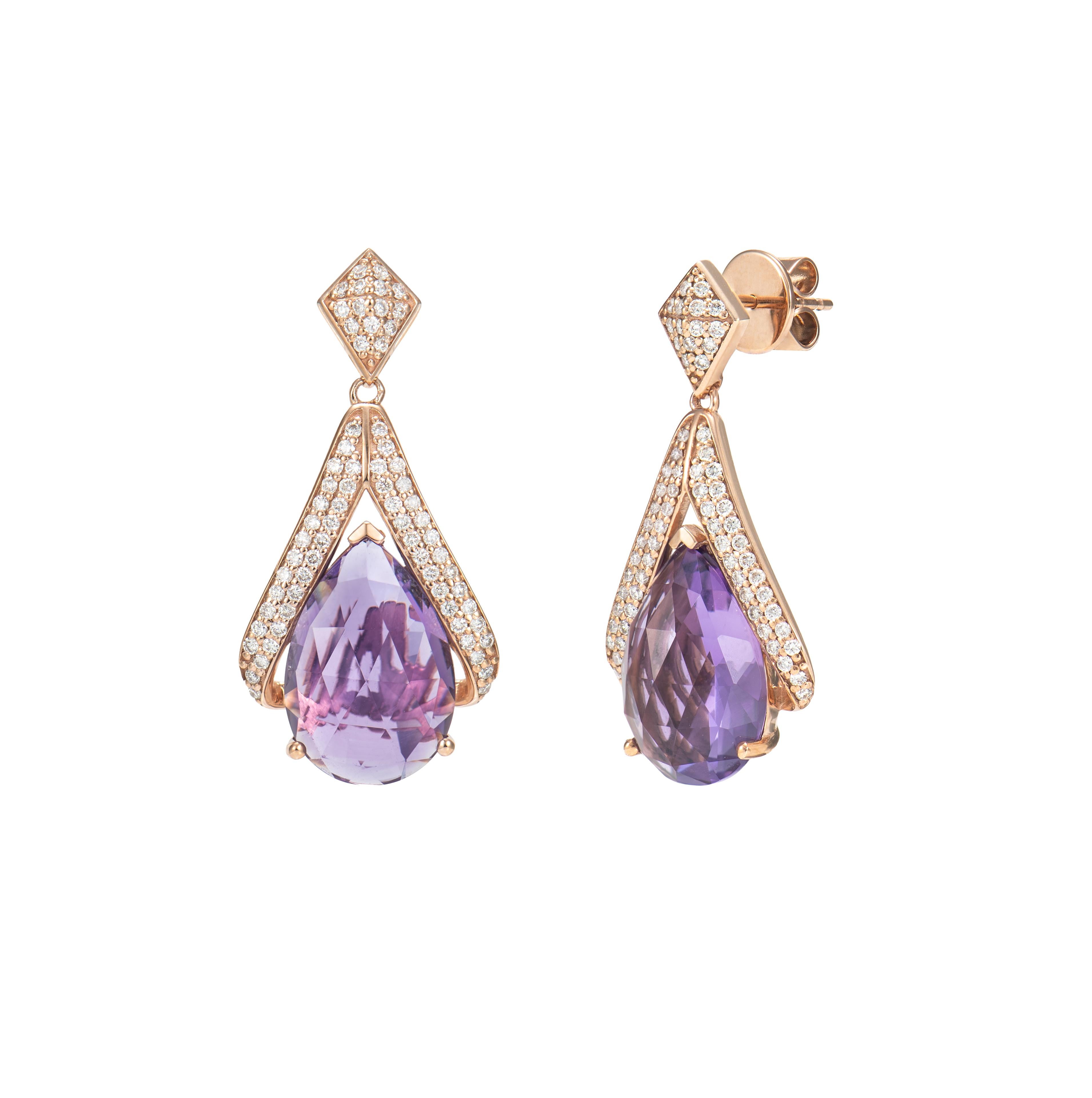 Contemporary Amethyst Drop Earring in 18 Karat Rose Gold with White Diamond. For Sale