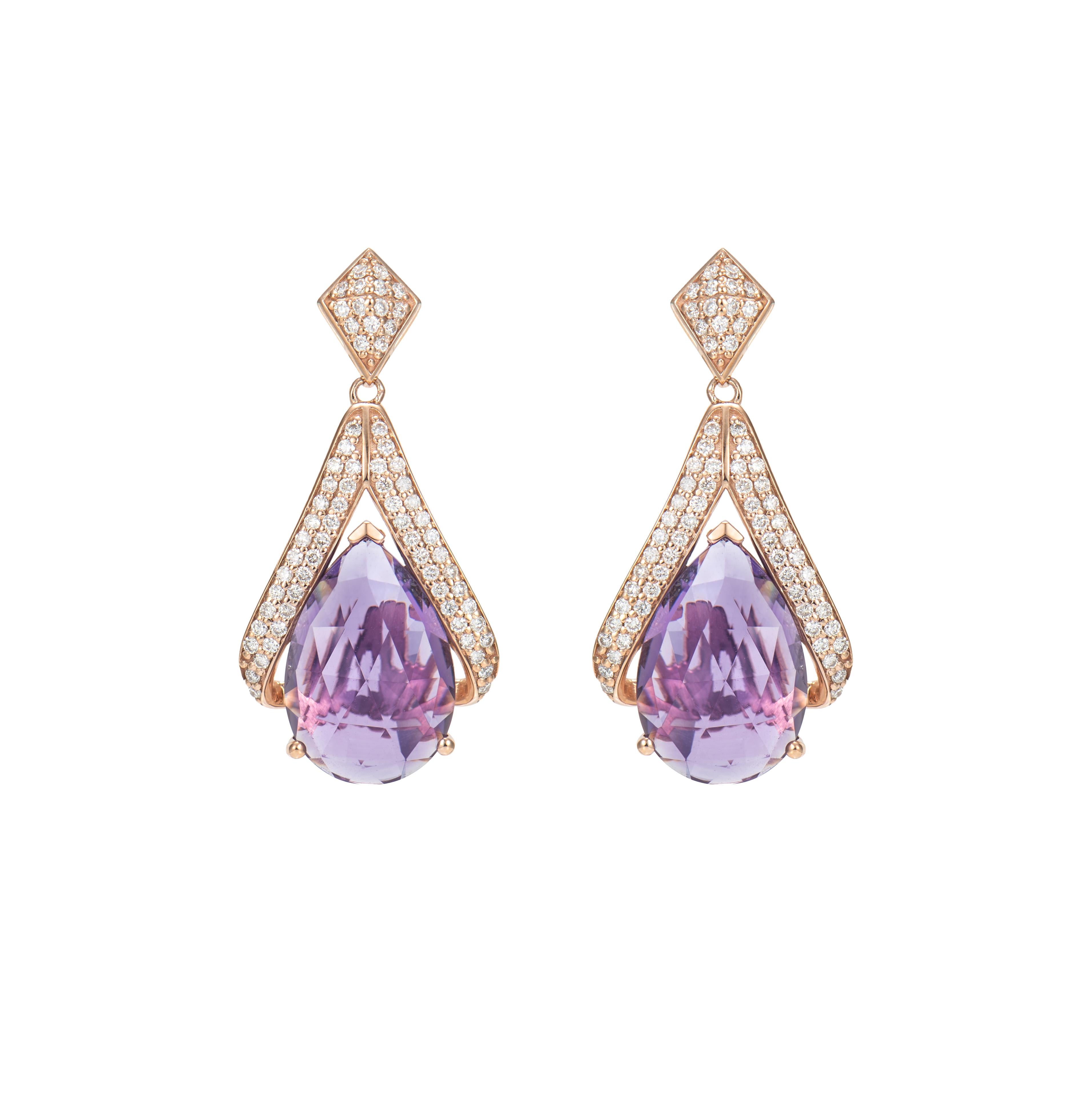 Pear Cut Amethyst Drop Earring in 18 Karat Rose Gold with White Diamond. For Sale