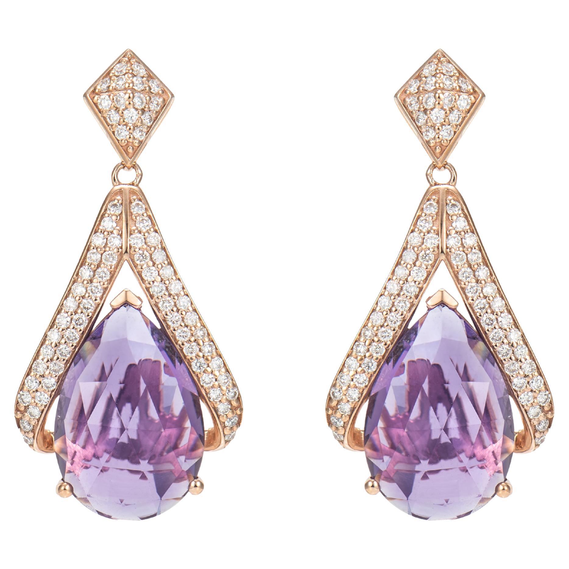 Amethyst Drop Earring in 18 Karat Rose Gold with White Diamond.