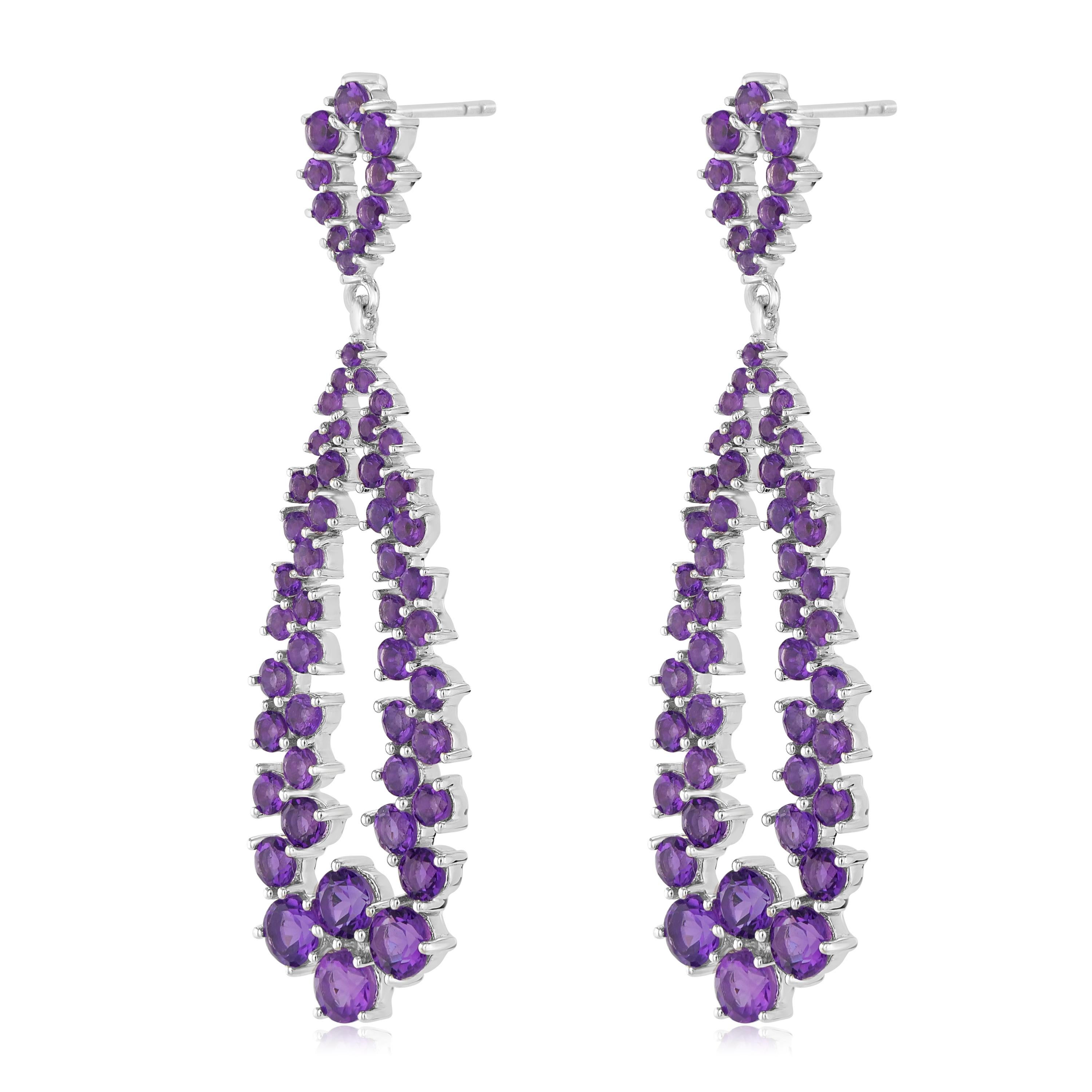 Known to be the birthstone for the month of February, amethyst helps the wearer for a balanced mindset . Featured with 110 amethysts in different sizes set in genuine and nickle free 925 sterling silver. These women's earrings come with post and