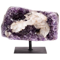 Amethyst Druse and Calcite Specimen Mounted on a Custom Metal Stand