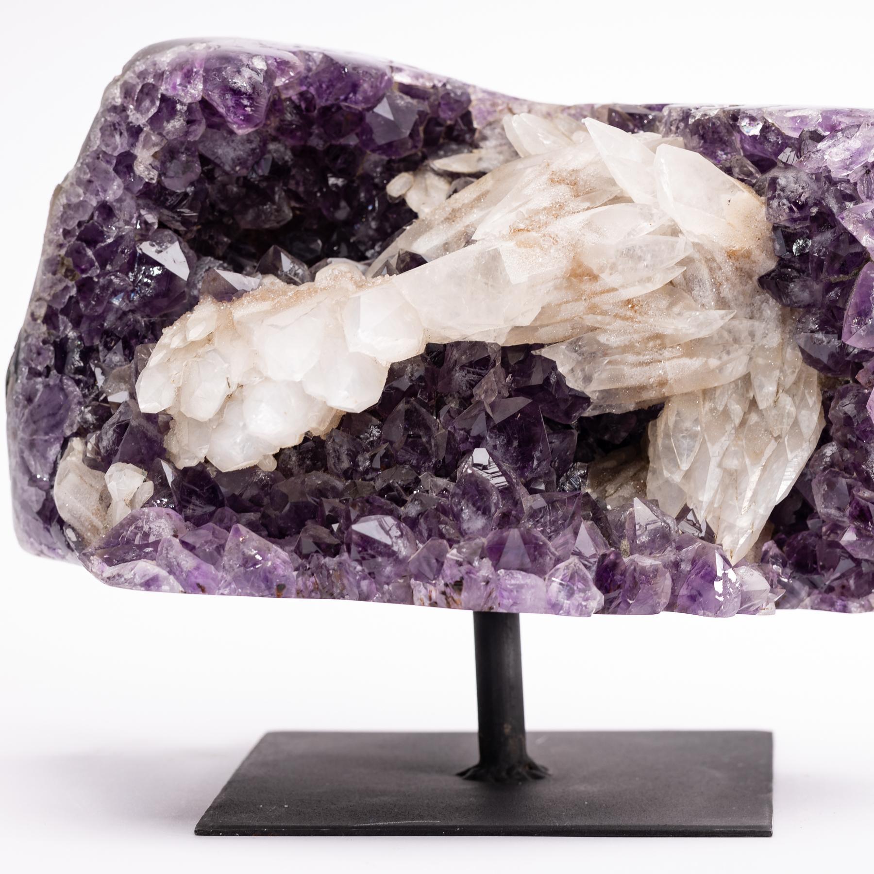 Organic Modern Amethyst Druse and Calcite Specimen Mounted on a Custom Metal Stand