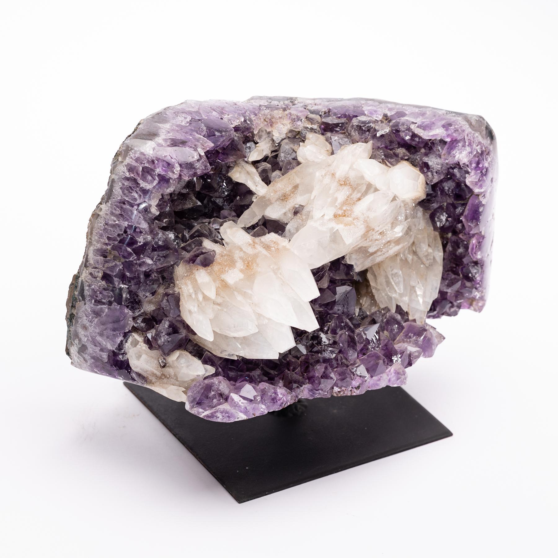 Afghan Amethyst Druse and Calcite Specimen Mounted on a Custom Metal Stand