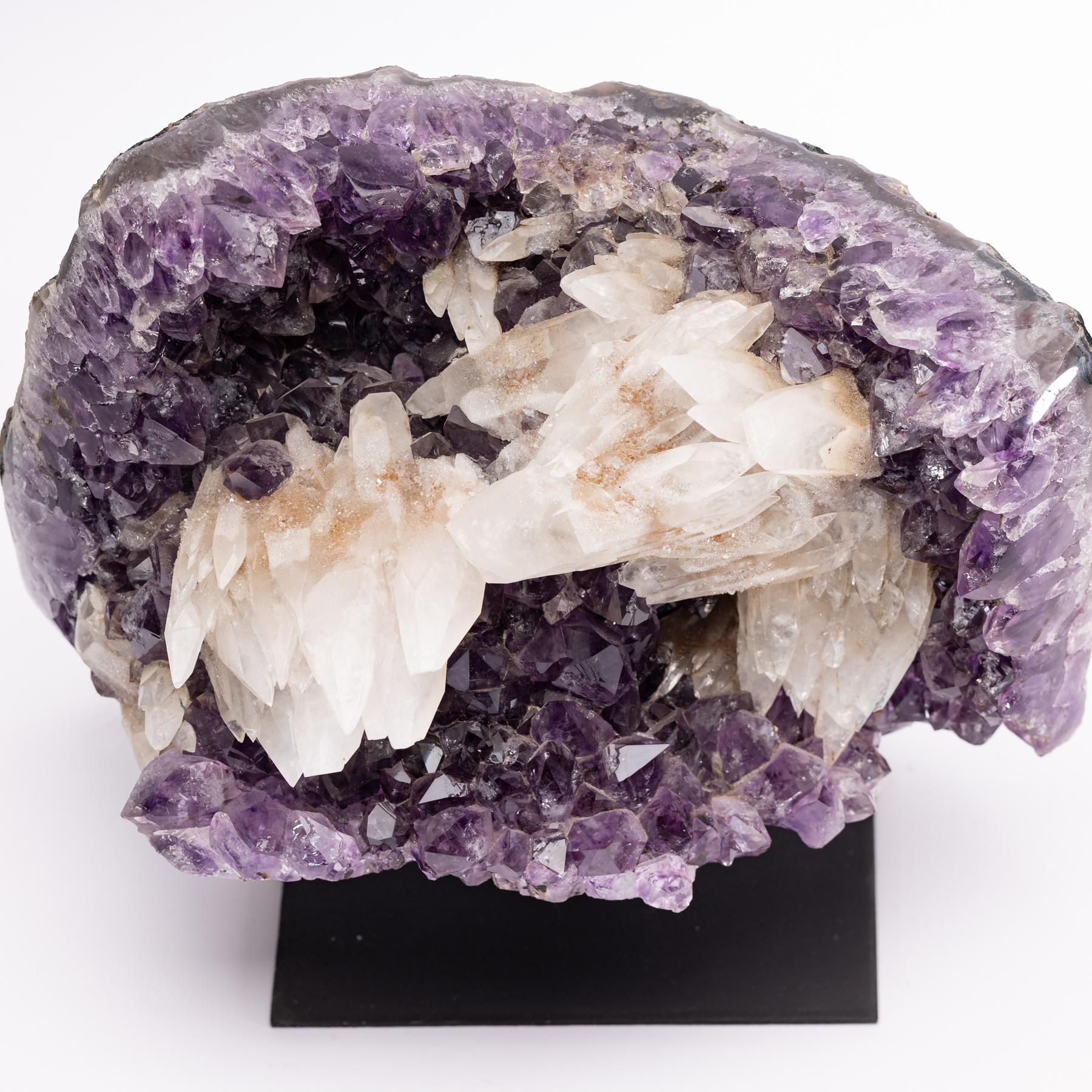 Contemporary Amethyst Druse and Calcite Specimen Mounted on a Custom Metal Stand