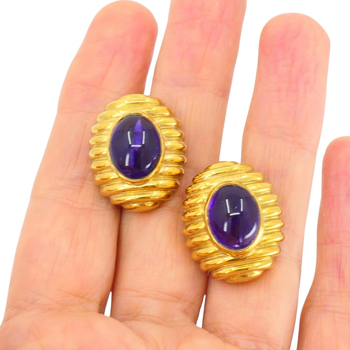 Cabochon Orecchini in ametista Tambetti, gioielli d'epoca in oro 18k in vendita