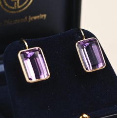 Amethyst Earrings. 15.60ct Emerald Cut Earrings Fish-Hook 14K Yellow Gold
